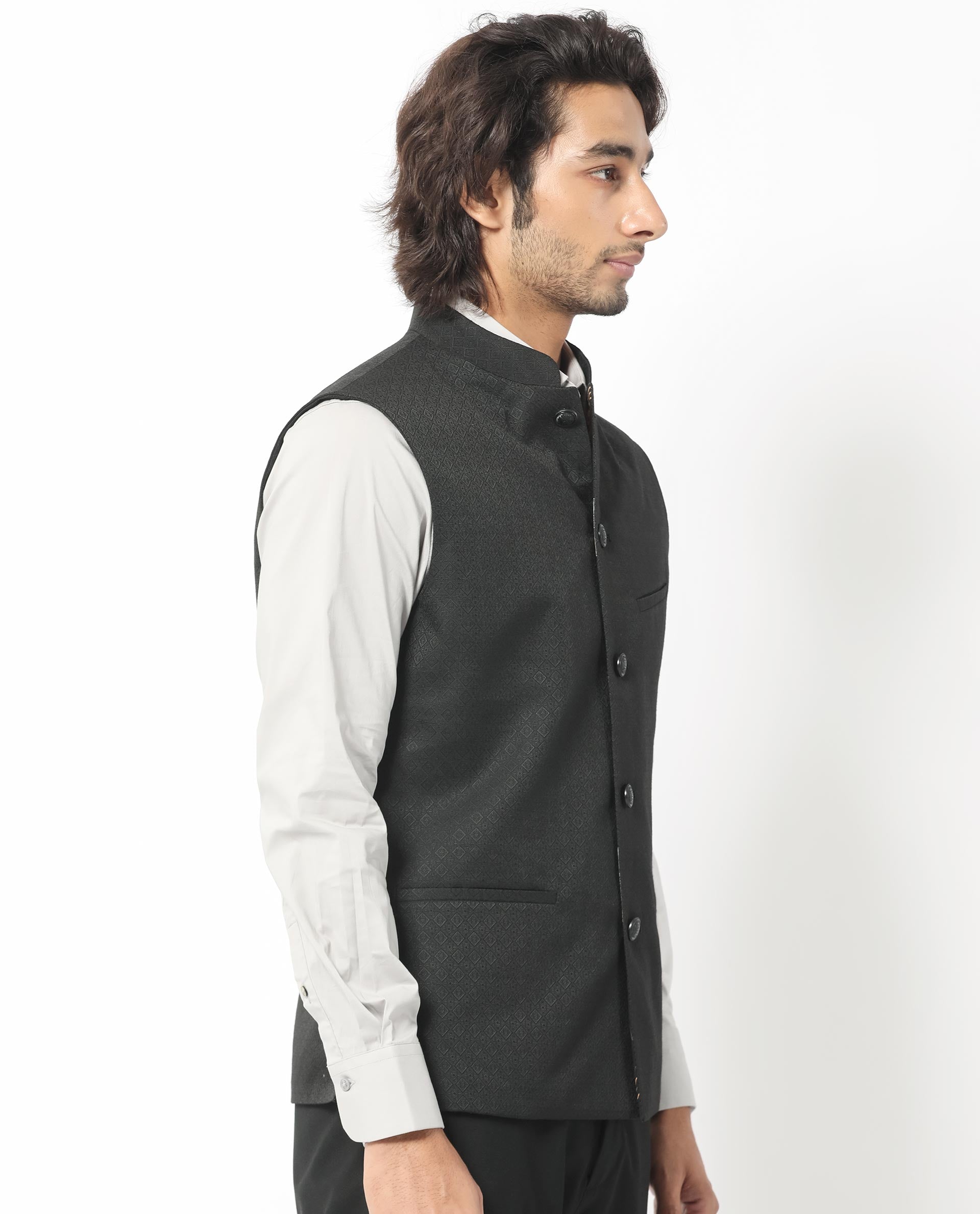 Rare Rabbit Men's Cerny Black Mandarin Collar Tailored Fit Geometric Jacquard Bandi