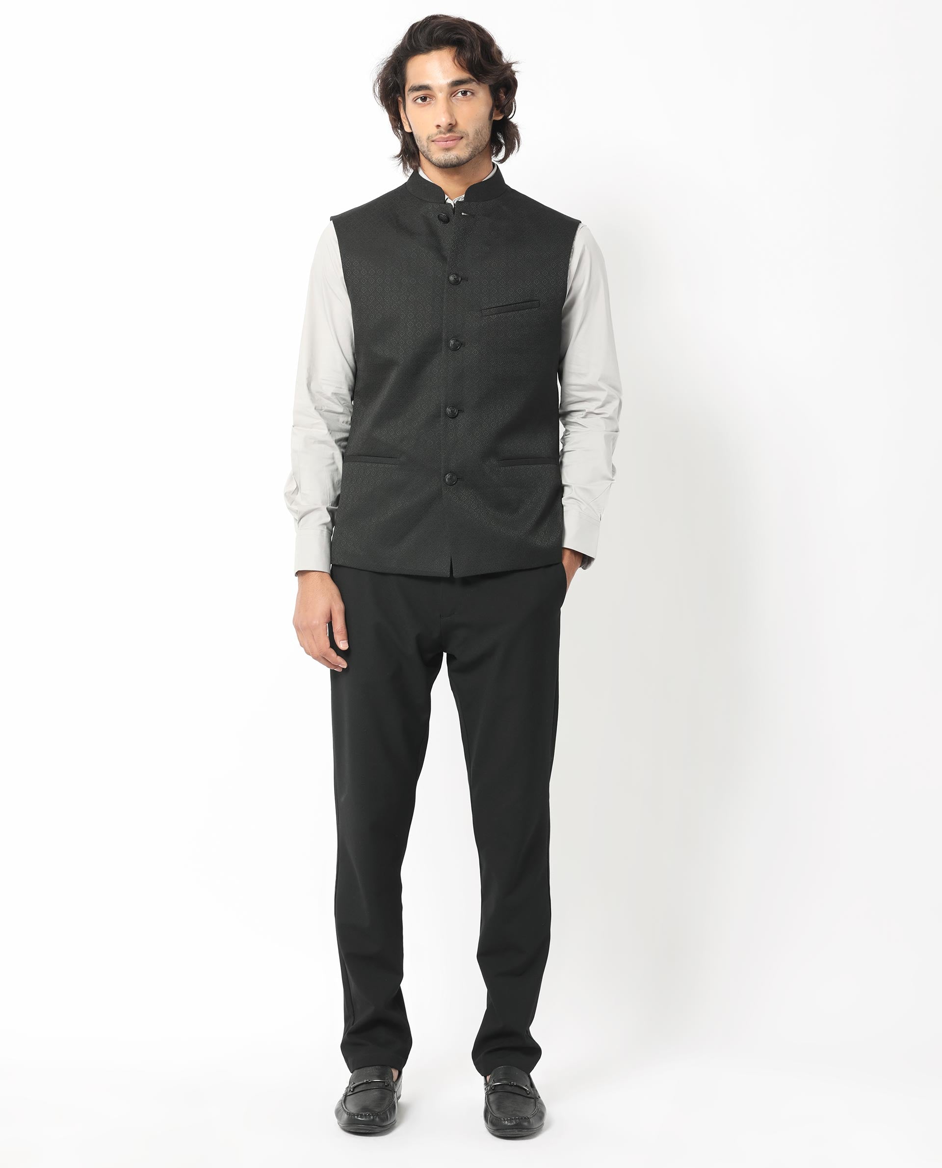 Rare Rabbit Men's Cerny Black Mandarin Collar Tailored Fit Geometric Jacquard Bandi