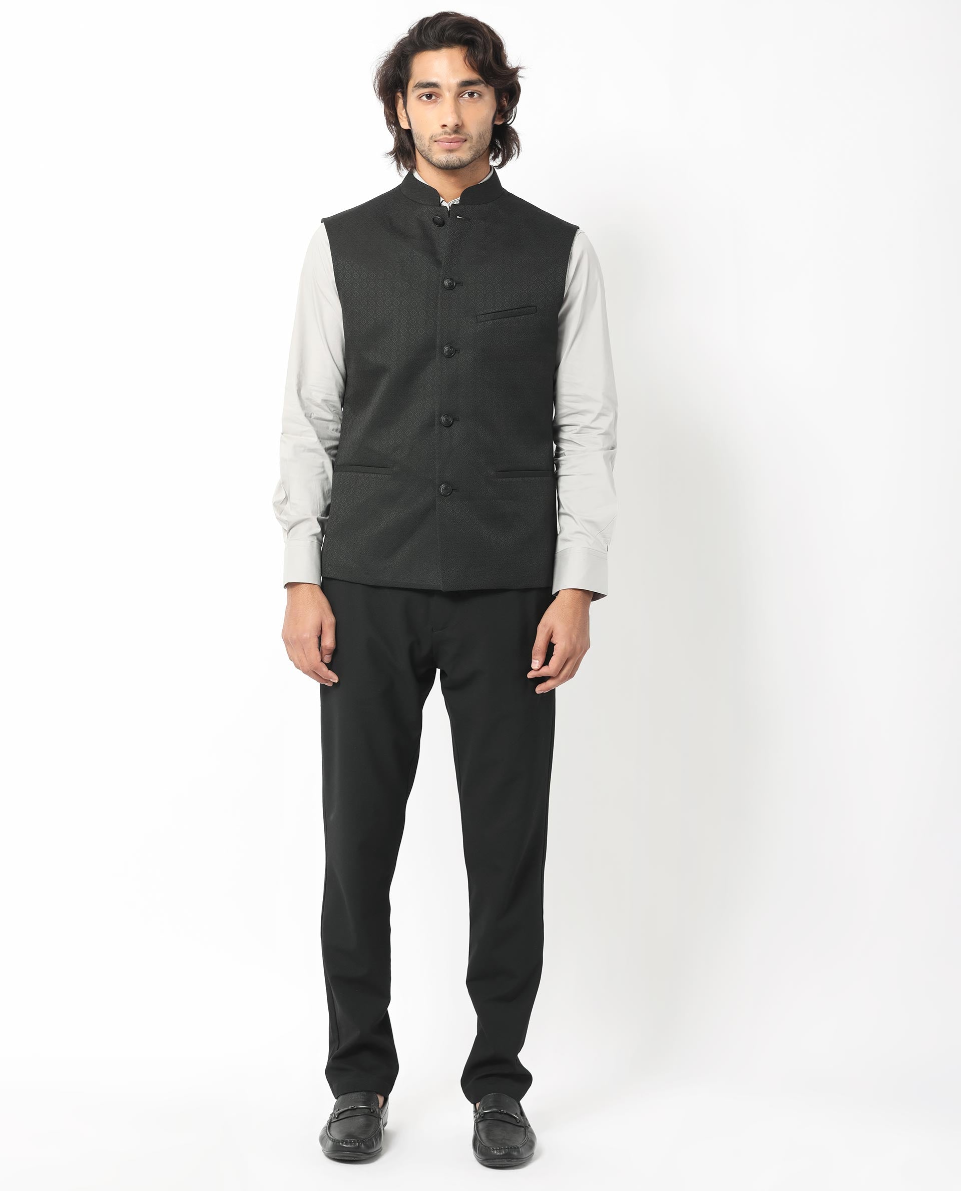 Rare Rabbit Men's Cerny Black Mandarin Collar Tailored Fit Geometric Jacquard Bandi