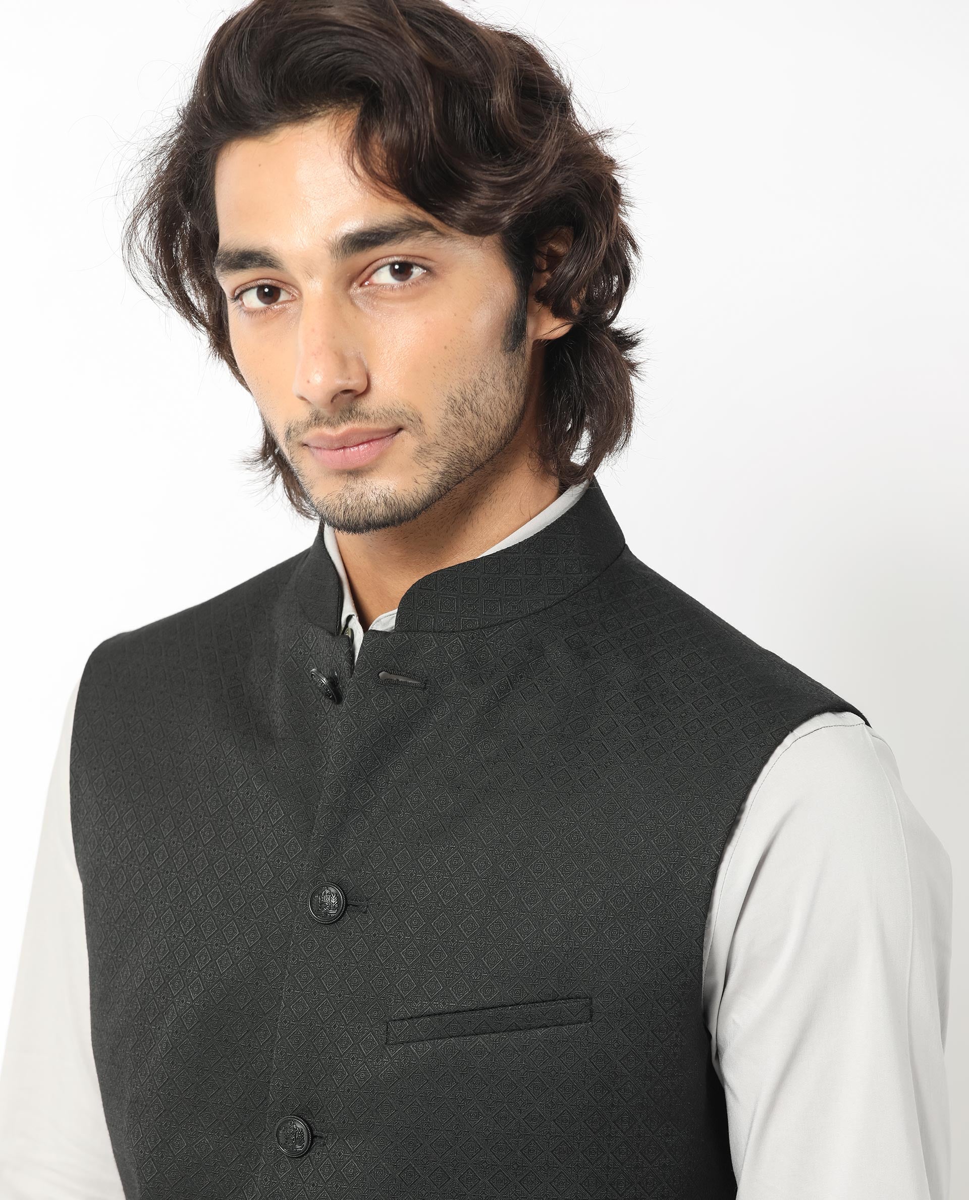 Rare Rabbit Men's Cerny Black Mandarin Collar Tailored Fit Geometric Jacquard Bandi