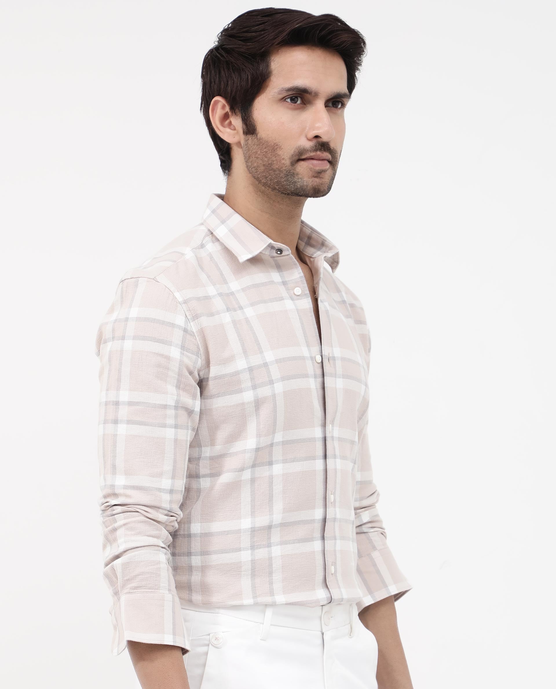 Rare Rabbit Mens Cerol Pastel Beige Cotton Fabric Full Sleeve Regular Fit Checks Shirt