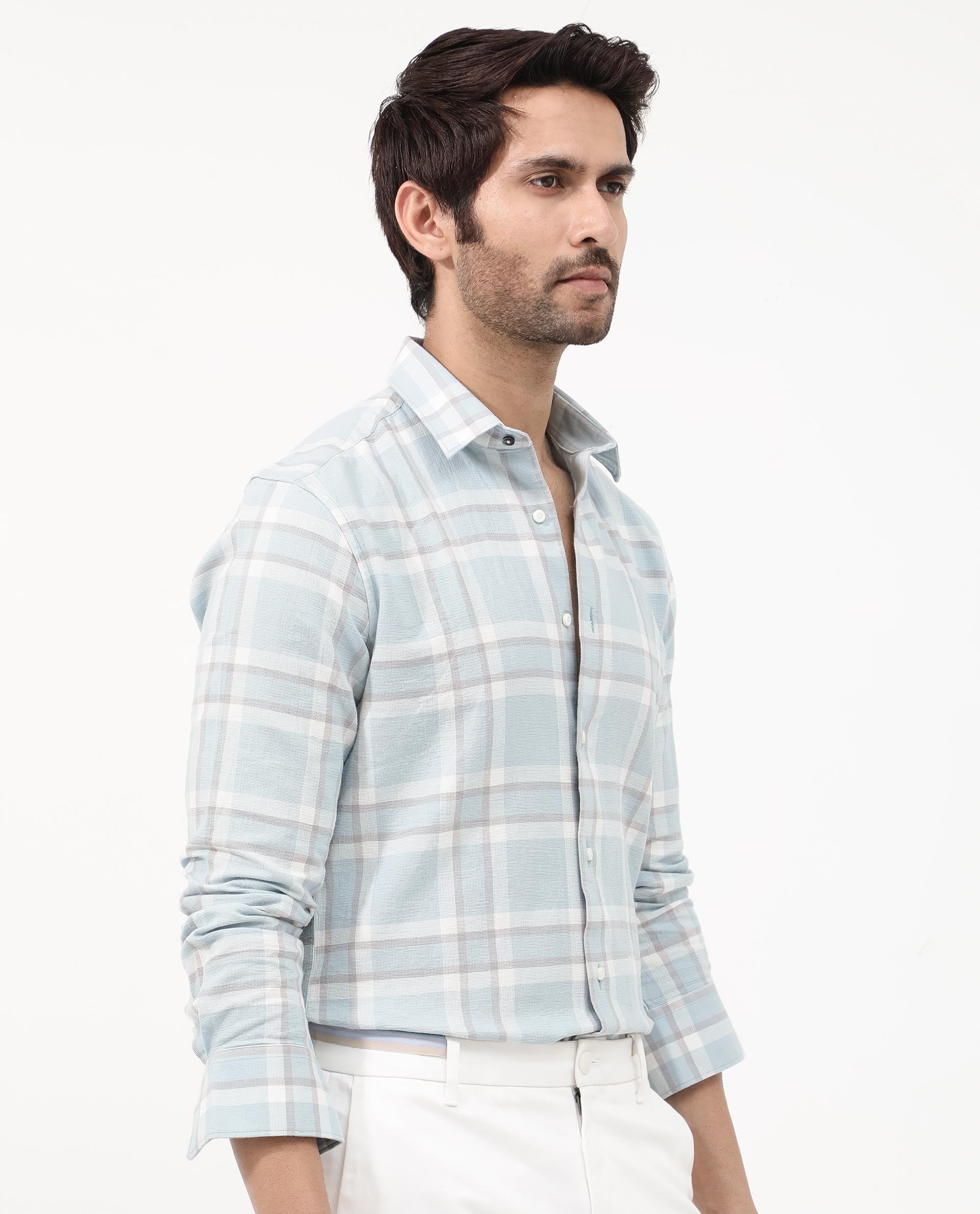 Rare Rabbit Mens Cerol Pastel Blue Cotton Fabric Full Sleeve Regular Fit Checks Shirt