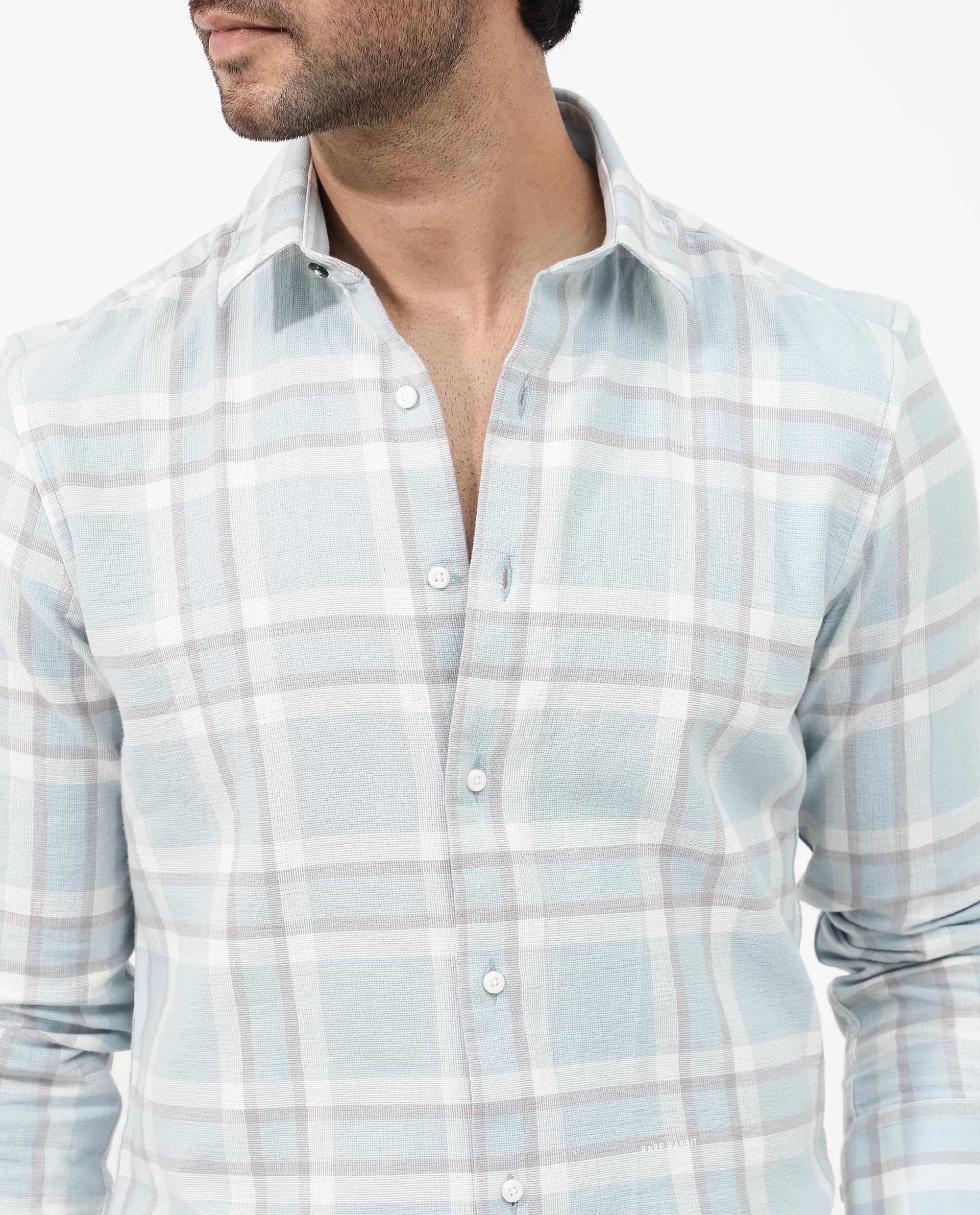 Rare Rabbit Mens Cerol Pastel Blue Cotton Fabric Full Sleeve Regular Fit Checks Shirt
