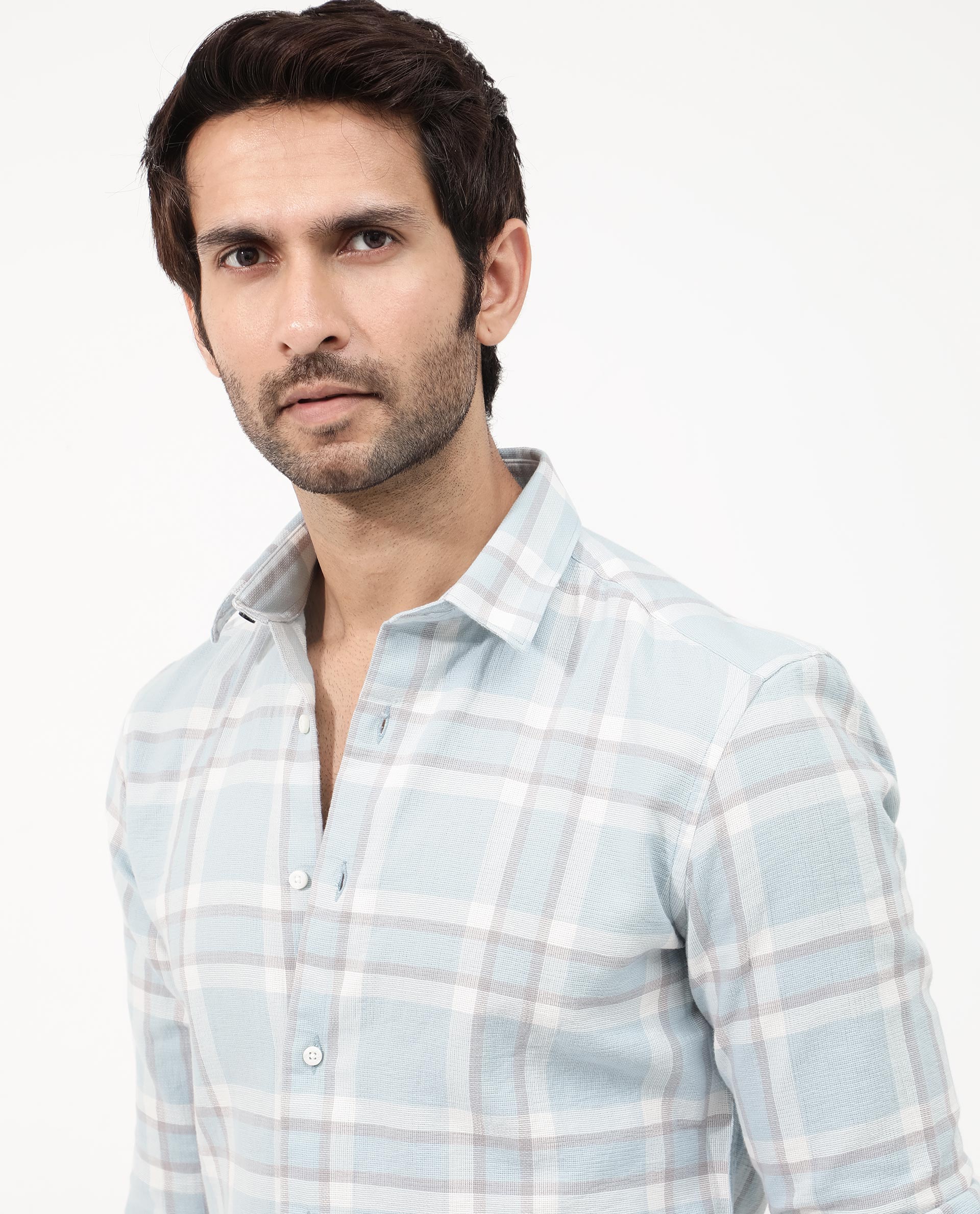 Rare Rabbit Mens Cerol Pastel Blue Cotton Fabric Full Sleeve Regular Fit Checks Shirt