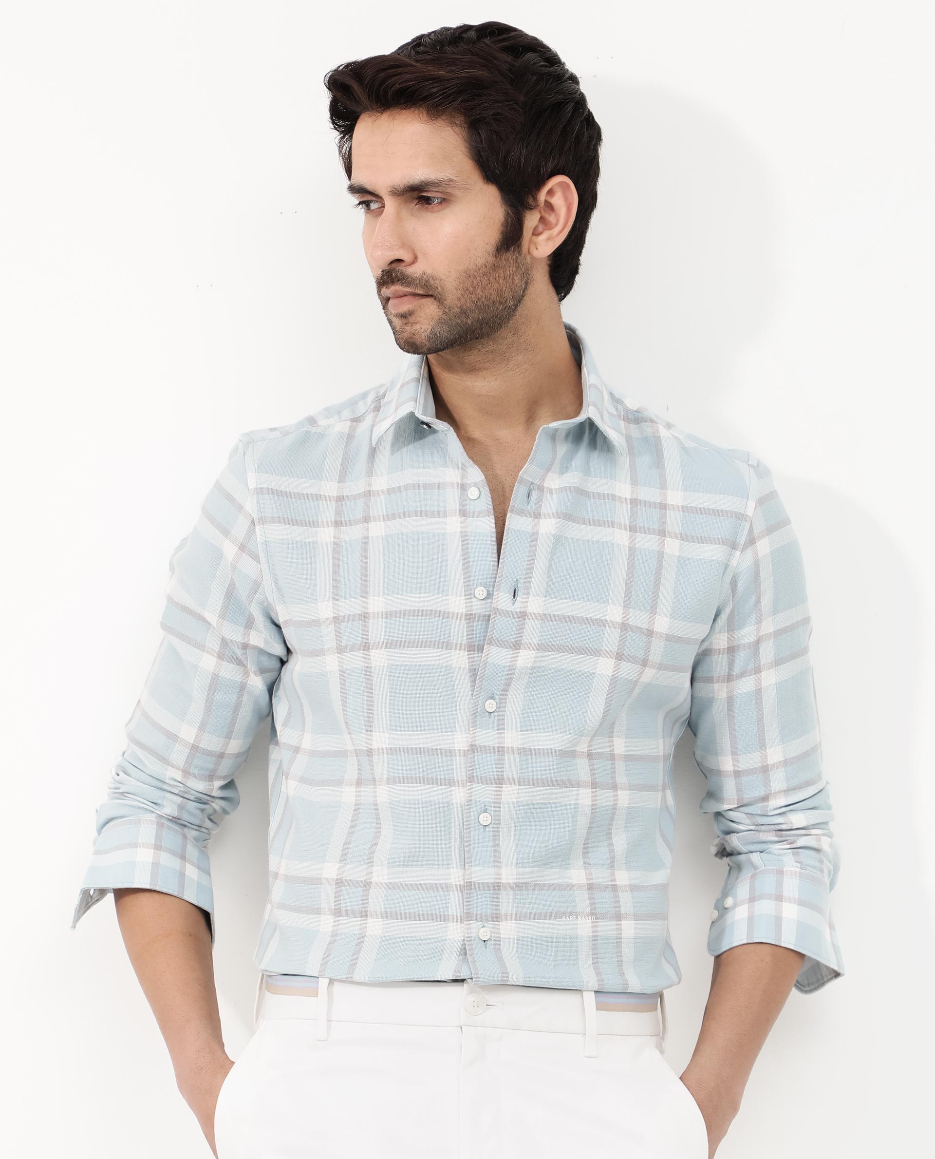 Rare Rabbit Mens Cerol Pastel Blue Cotton Fabric Full Sleeve Regular Fit Checks Shirt