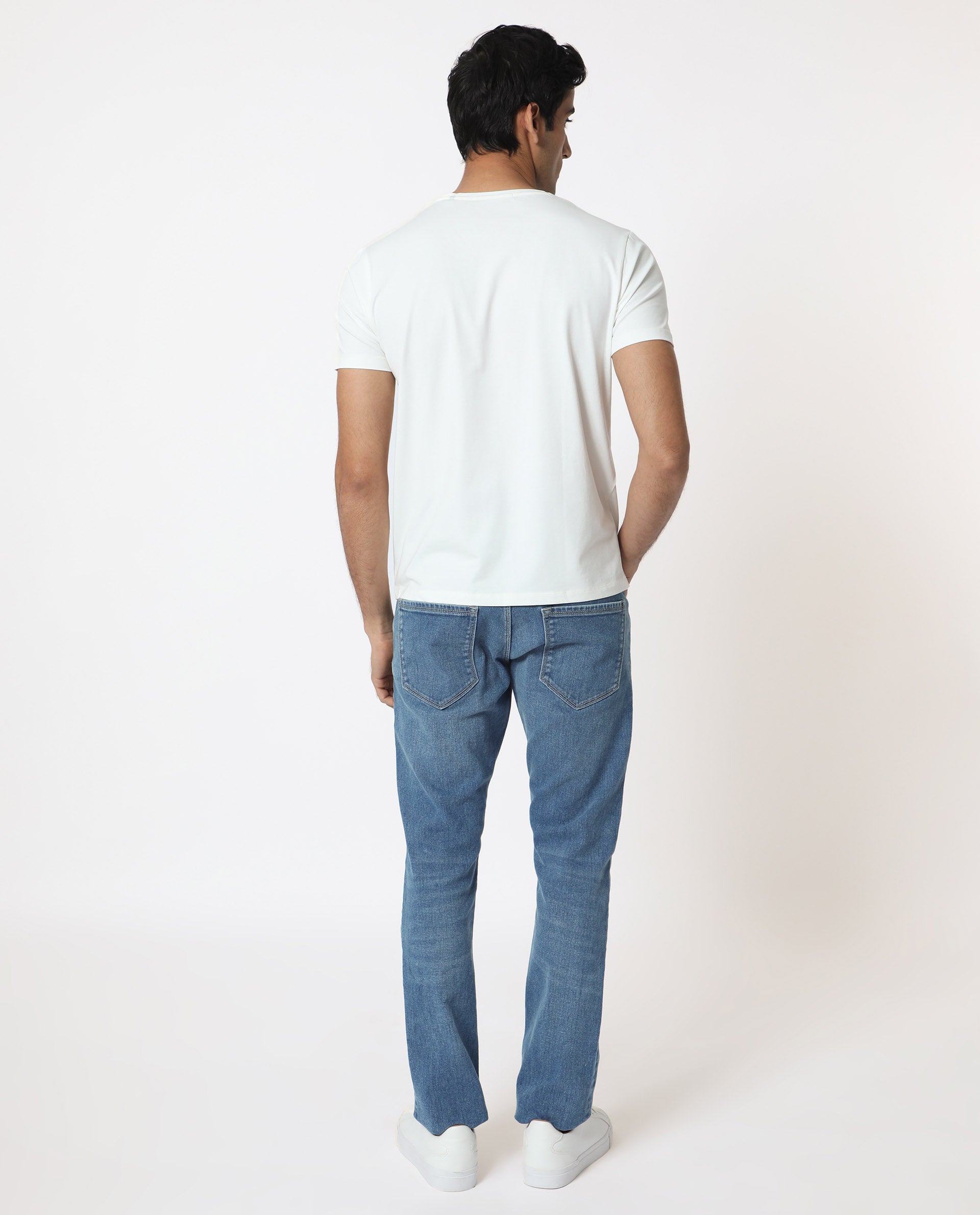 Rare Rabbit Men's Cero Off White Crew Neck Flock Print Branding Half Sleeves Regular Fit T-Shirt