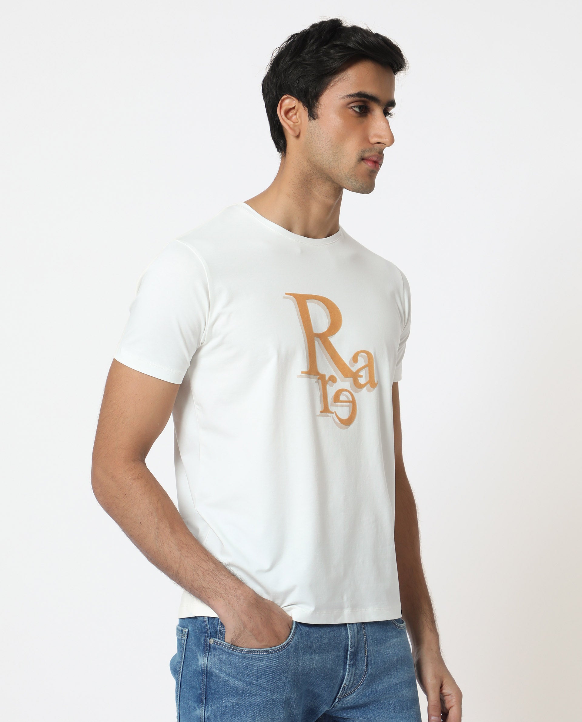 Rare Rabbit Men's Cero Off White Crew Neck Flock Print Branding Half Sleeves Regular Fit T-Shirt