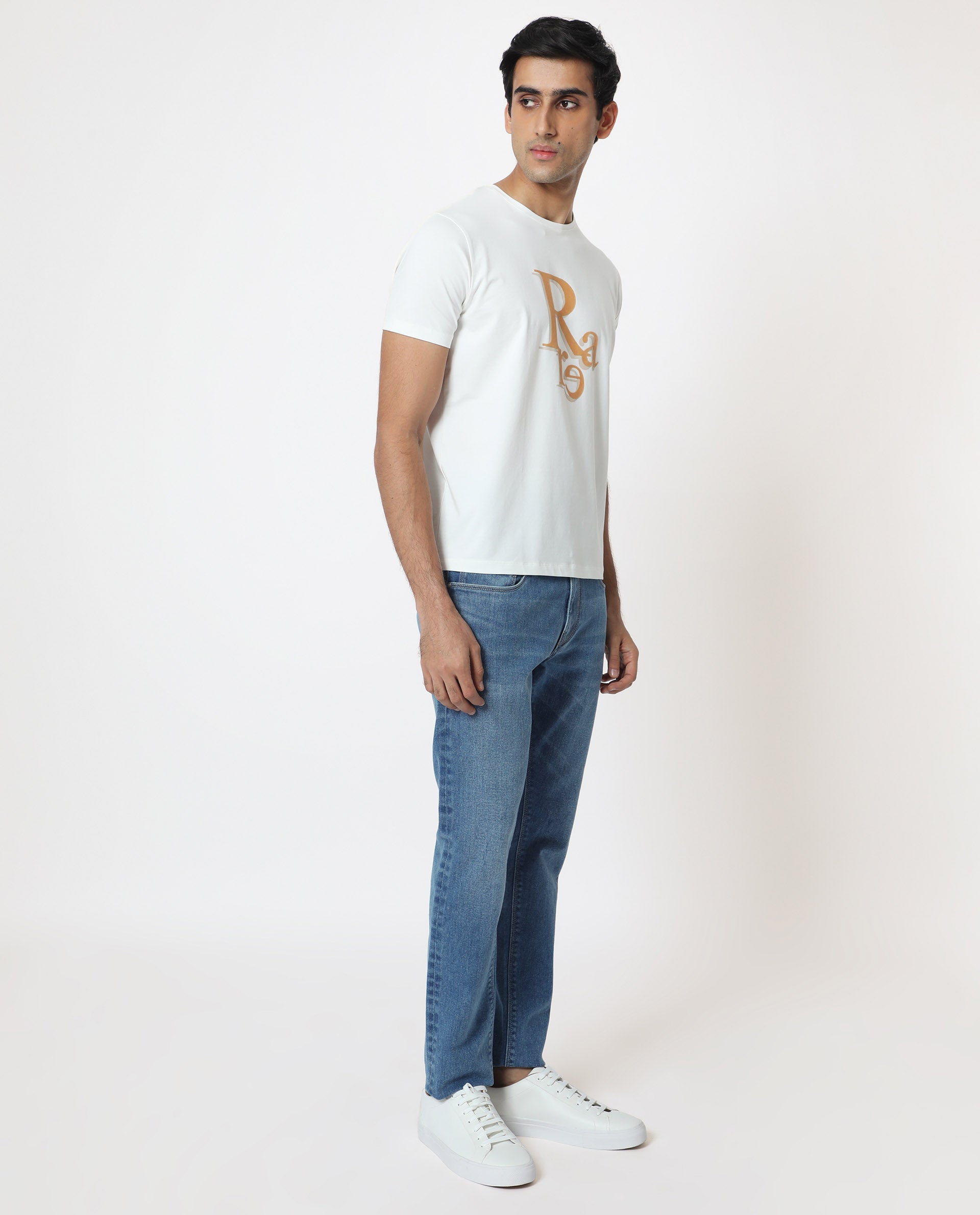 Rare Rabbit Men's Cero Off White Crew Neck Flock Print Branding Half Sleeves Regular Fit T-Shirt