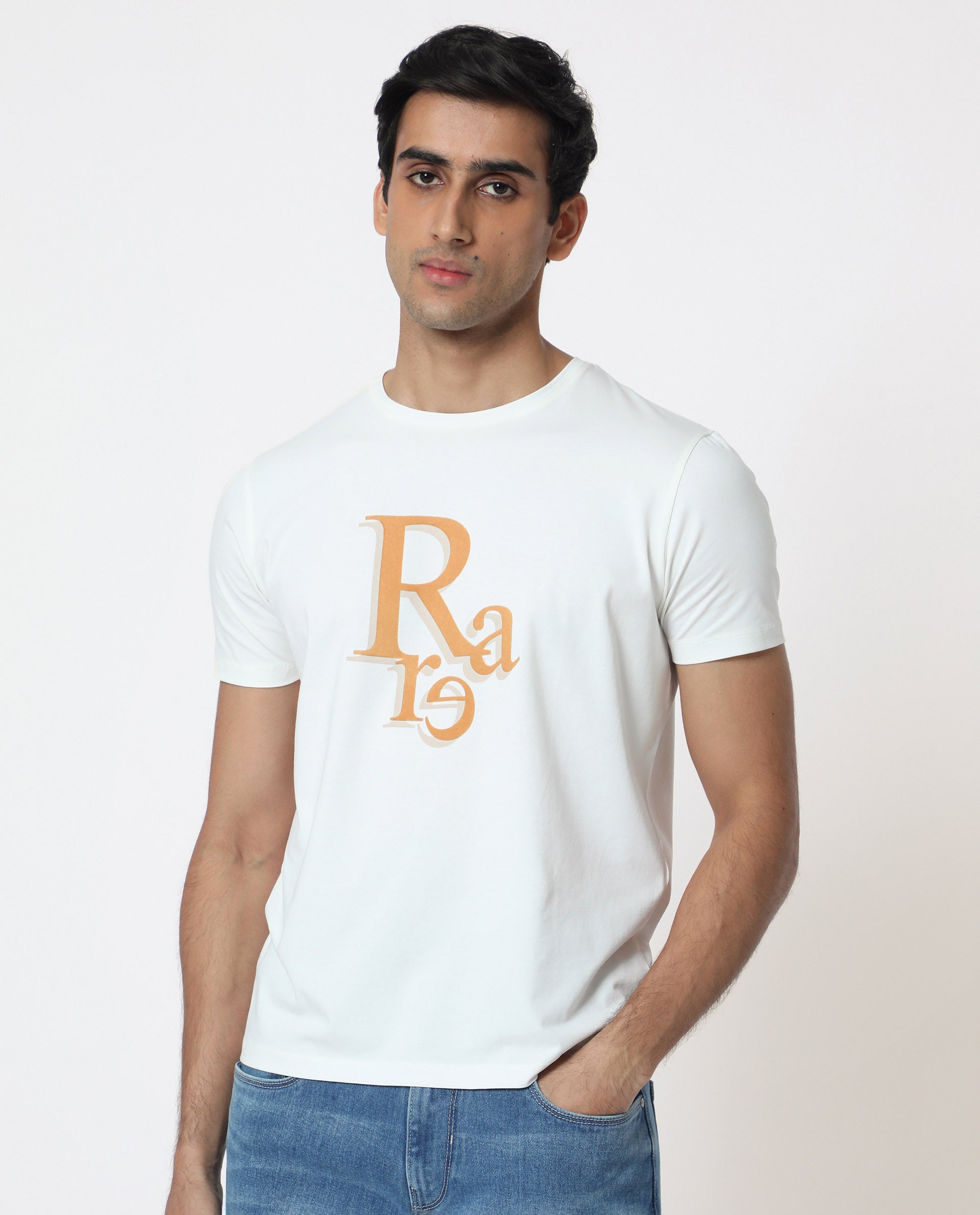 Rare Rabbit Men's Cero Off White Crew Neck Flock Print Branding Half Sleeves Regular Fit T-Shirt