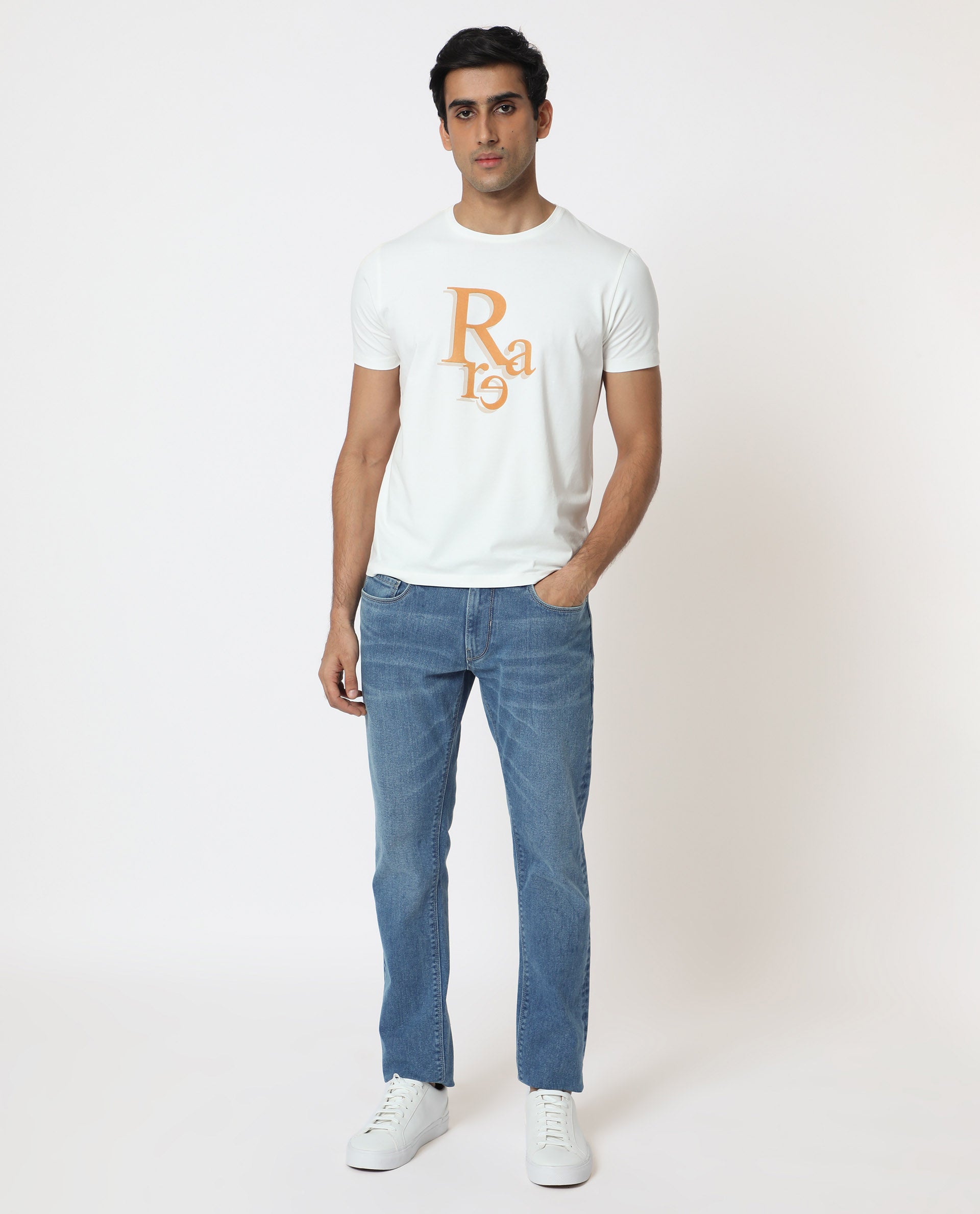 Rare Rabbit Men's Cero Off White Crew Neck Flock Print Branding Half Sleeves Regular Fit T-Shirt