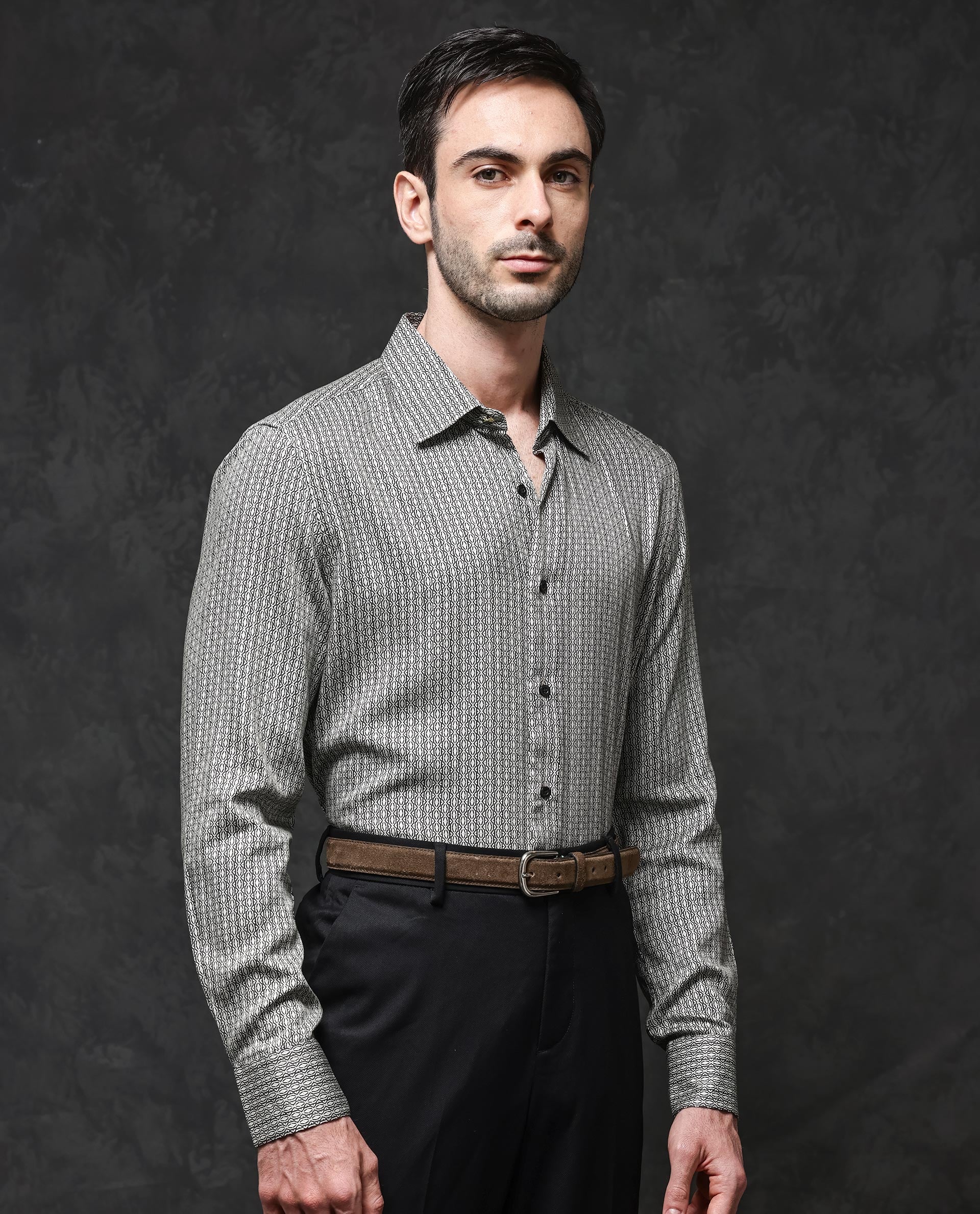 Rare Rabbit Mens Ceroz Beige Viscose Fabric Full Sleeve Geometric Print Shirt