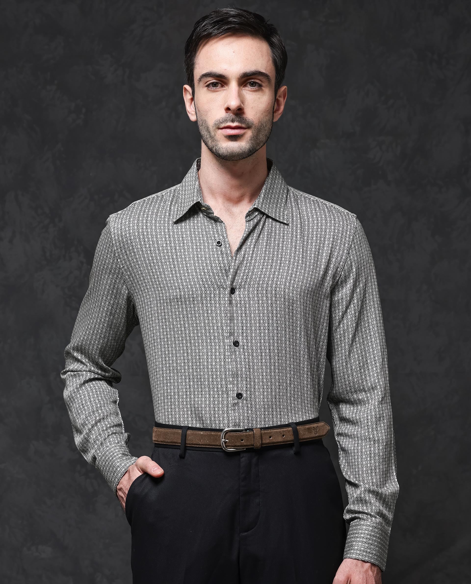 Rare Rabbit Mens Ceroz Beige Viscose Fabric Full Sleeve Geometric Print Shirt