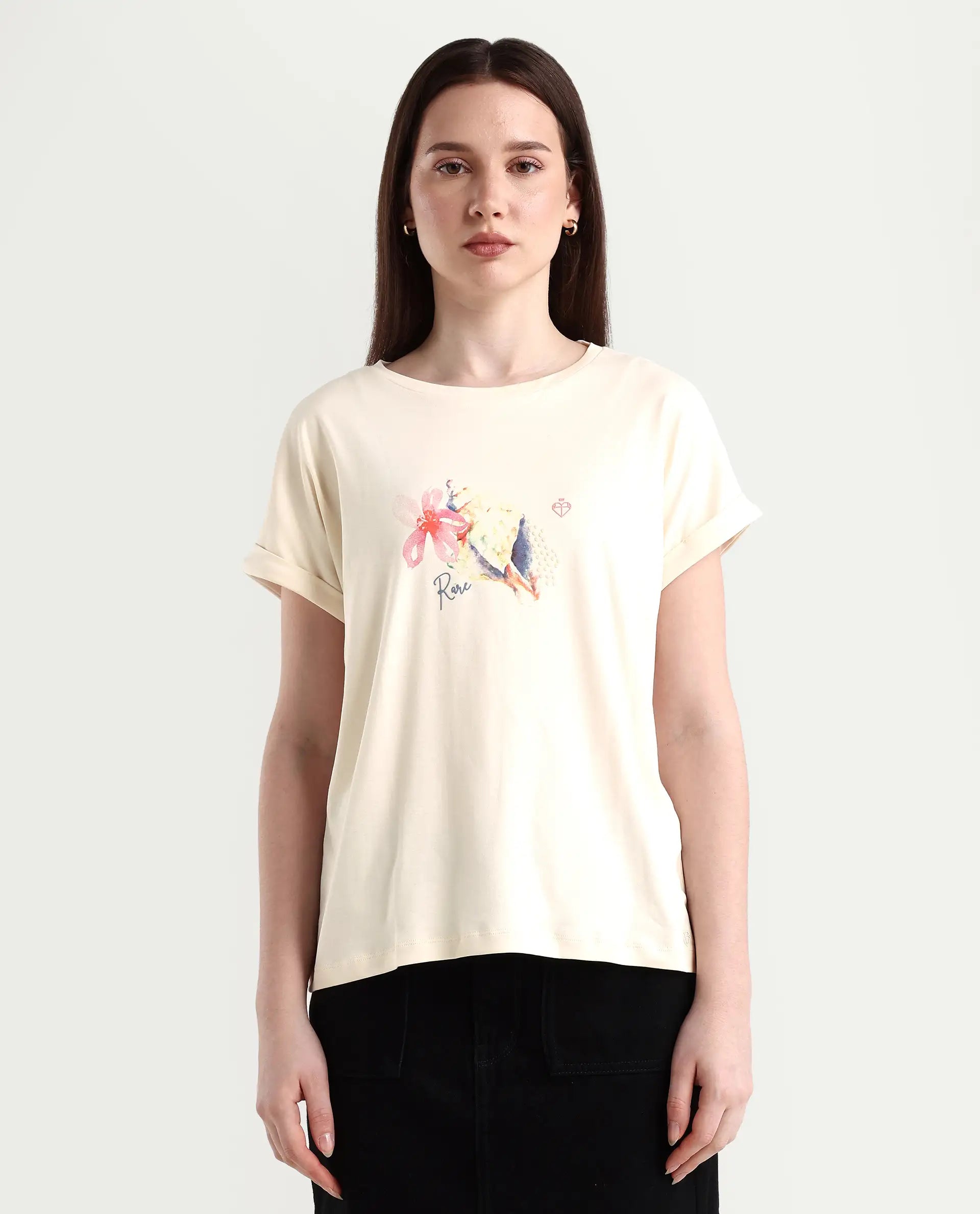 Rareism Women's Cersha Beige Cotton Crew Neck Graphic Print Extended Sleeves Boxy Fit T-Shirt