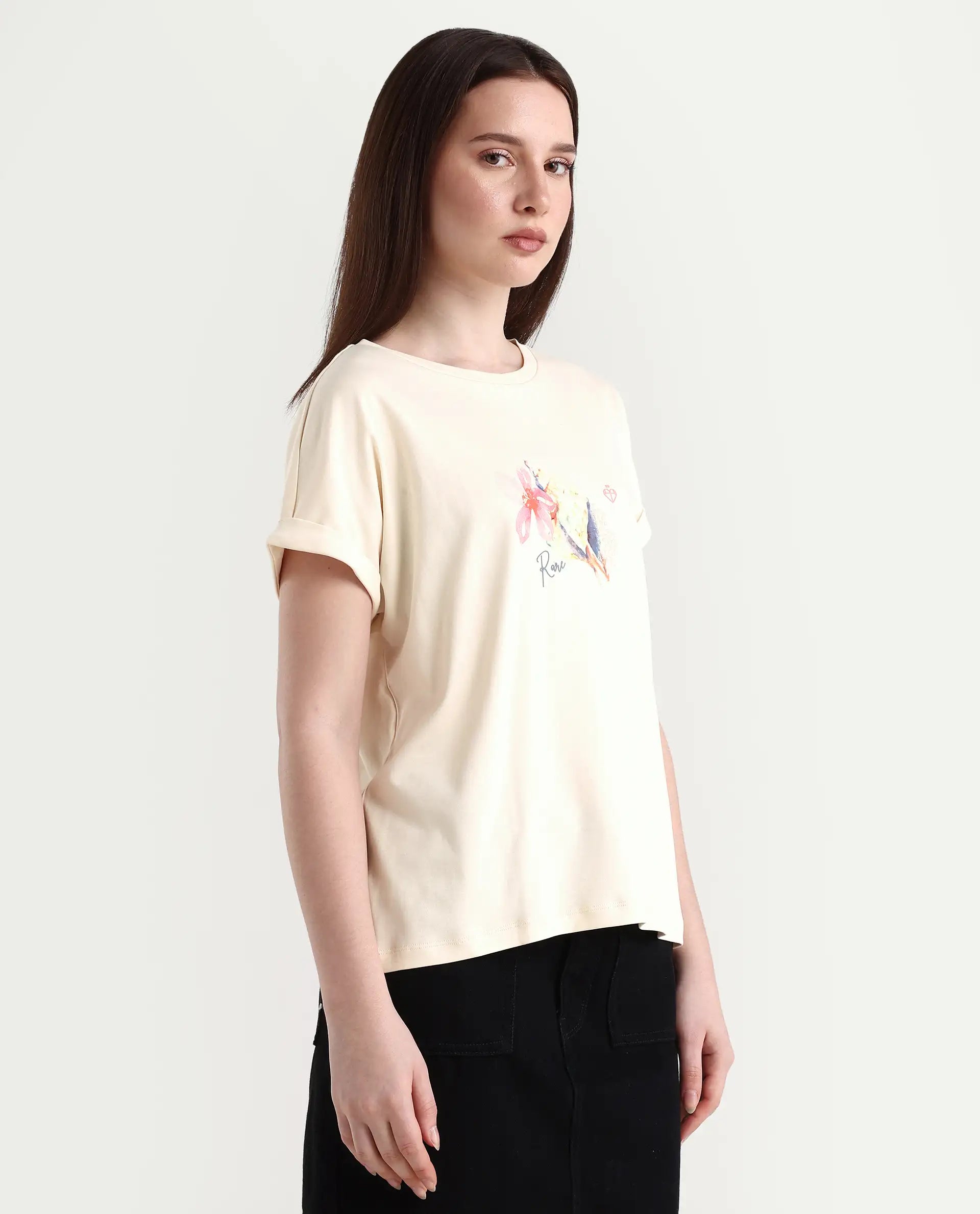 Rareism Women's Cersha Beige Cotton Crew Neck Graphic Print Extended Sleeves Boxy Fit T-Shirt