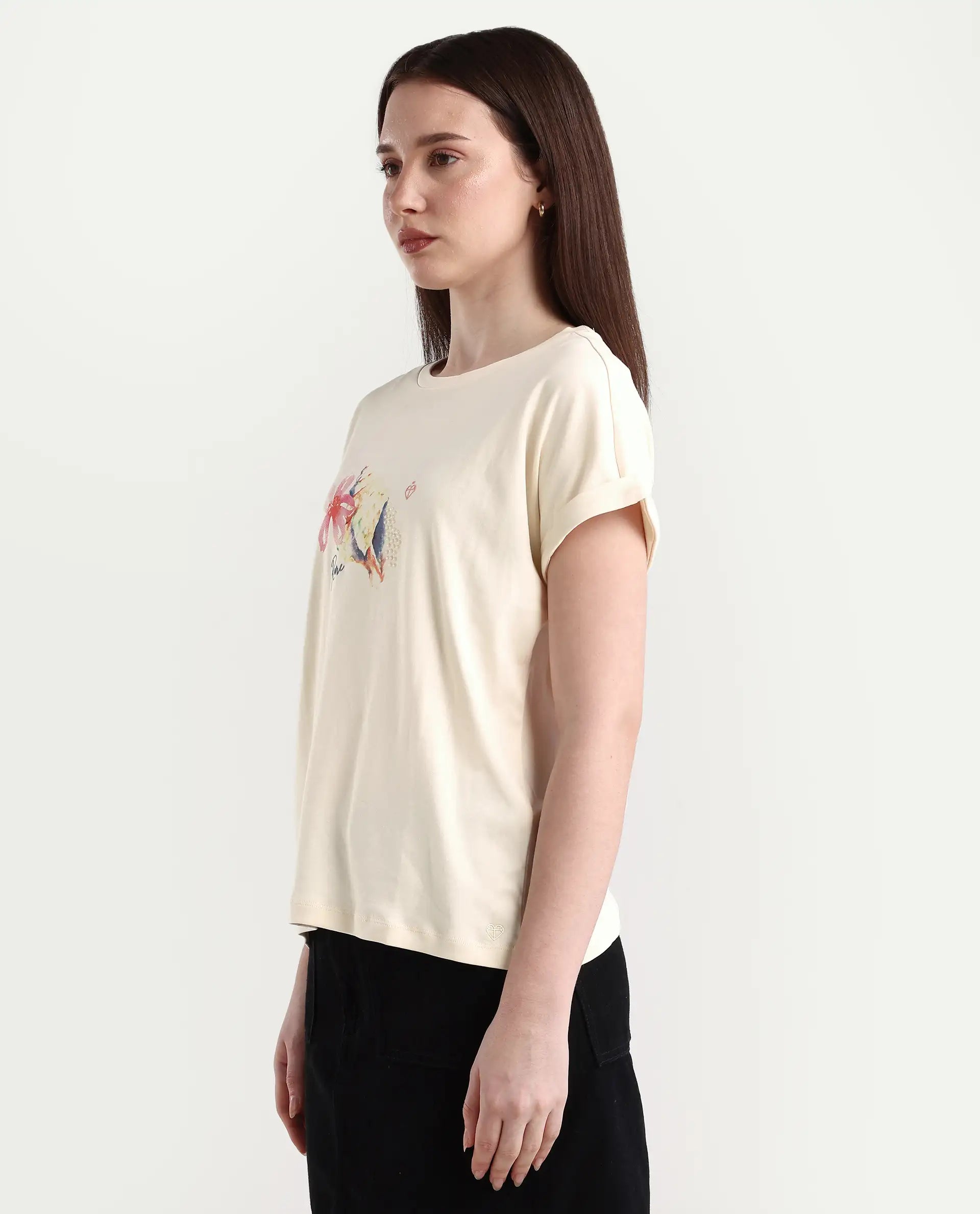 Rareism Women's Cersha Beige Cotton Crew Neck Graphic Print Extended Sleeves Boxy Fit T-Shirt