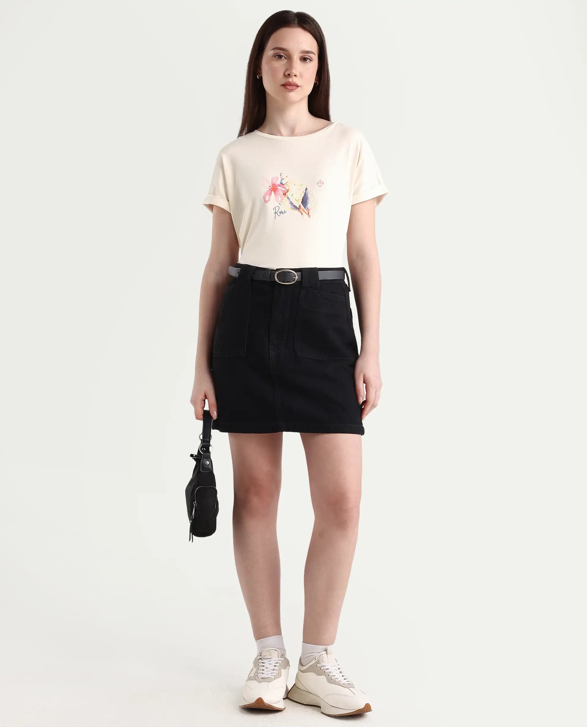 Rareism Women's Cersha Beige Cotton Crew Neck Graphic Print Extended Sleeves Boxy Fit T-Shirt