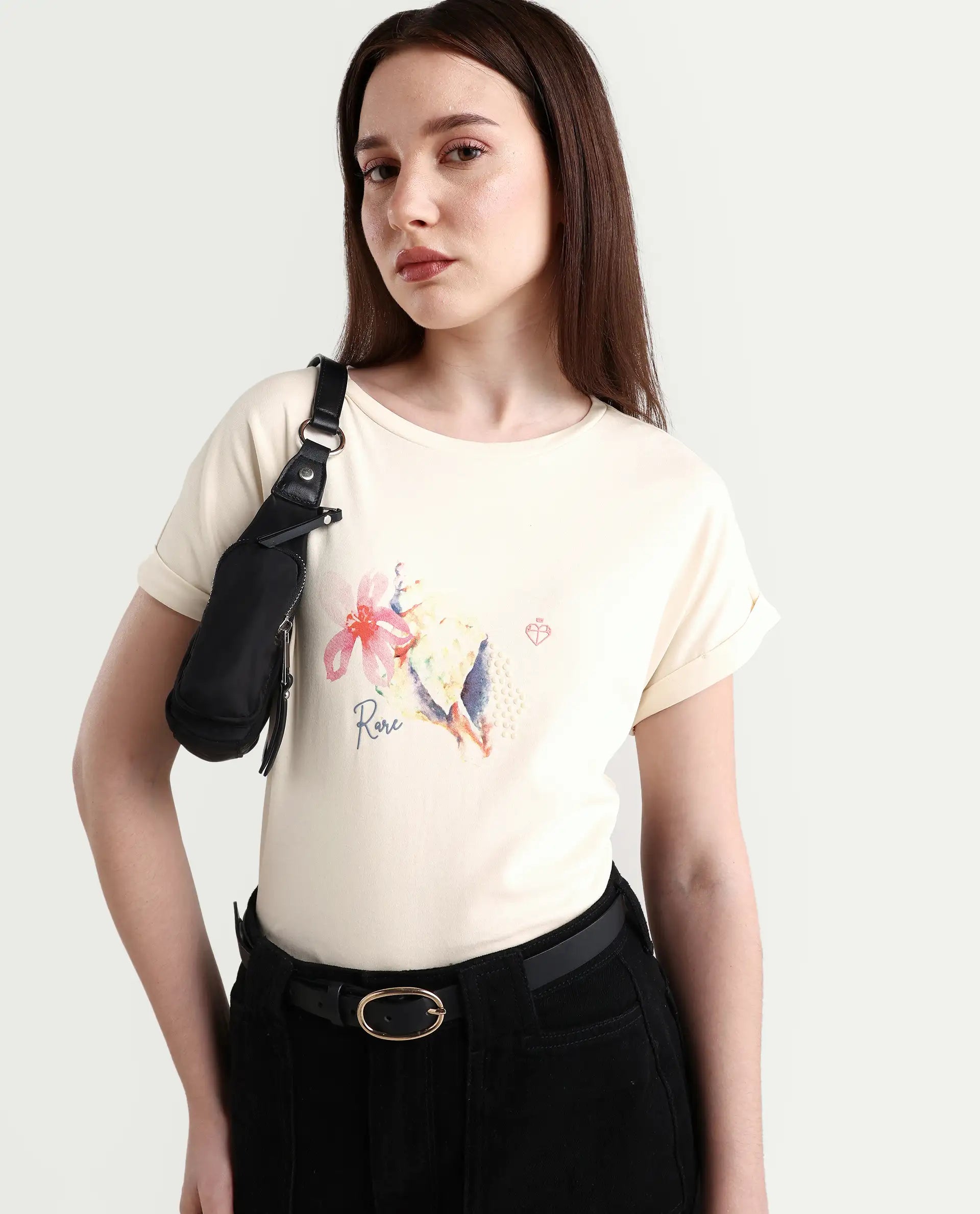 Rareism Women's Cersha Beige Cotton Crew Neck Graphic Print Extended Sleeves Boxy Fit T-Shirt