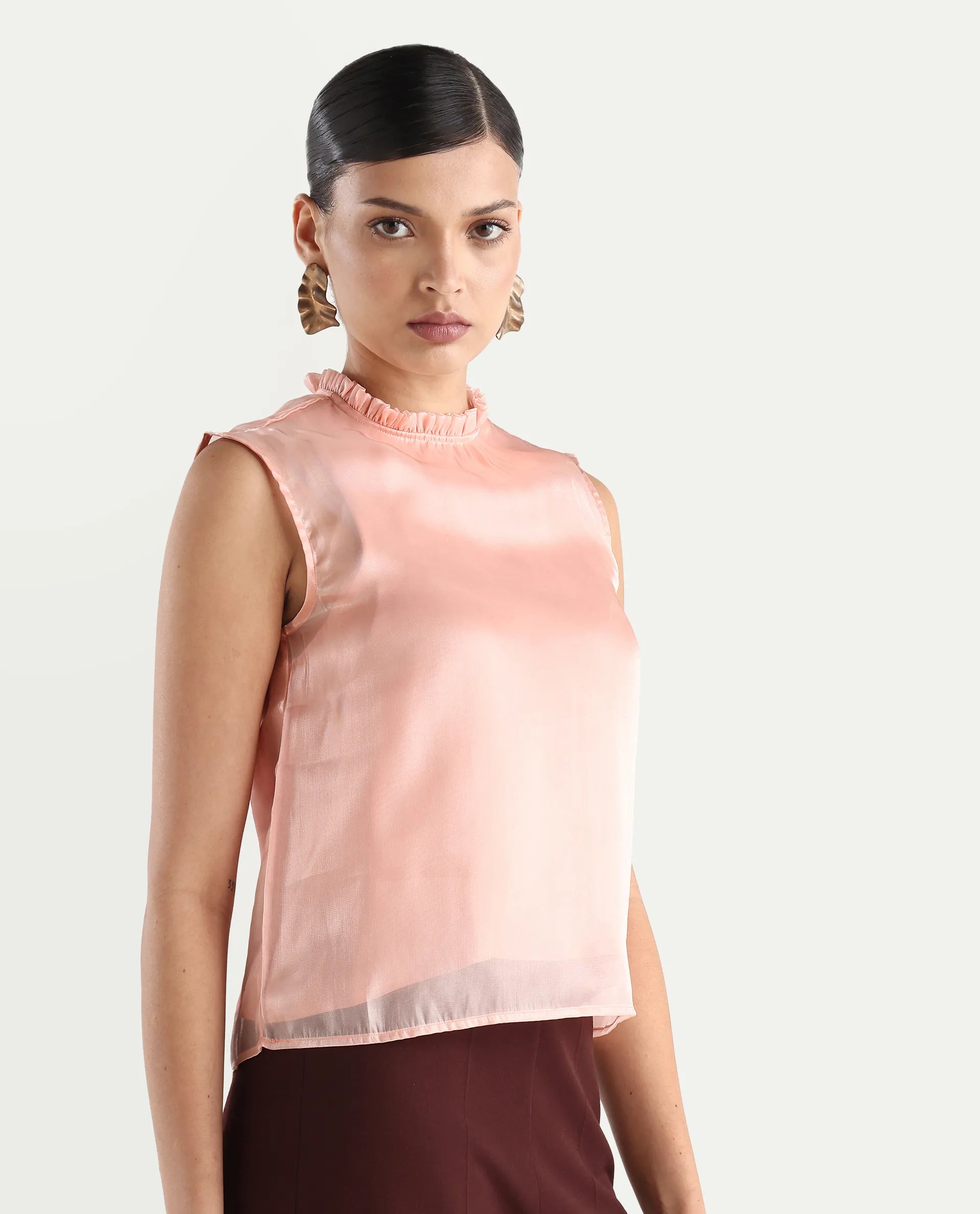 Rareism Women's Cessena Beige Cotton Mandarin Collar Plain Sleeveless Regular Fit Top