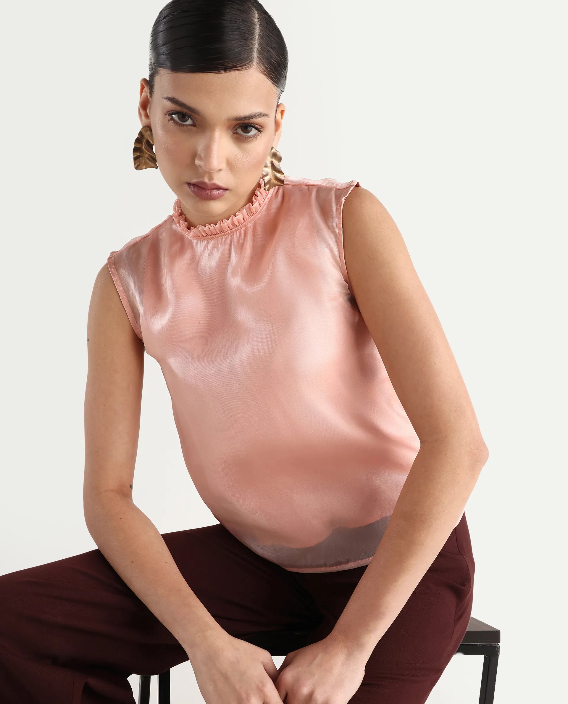 Rareism Women's Cessena Beige Cotton Mandarin Collar Plain Sleeveless Regular Fit Top