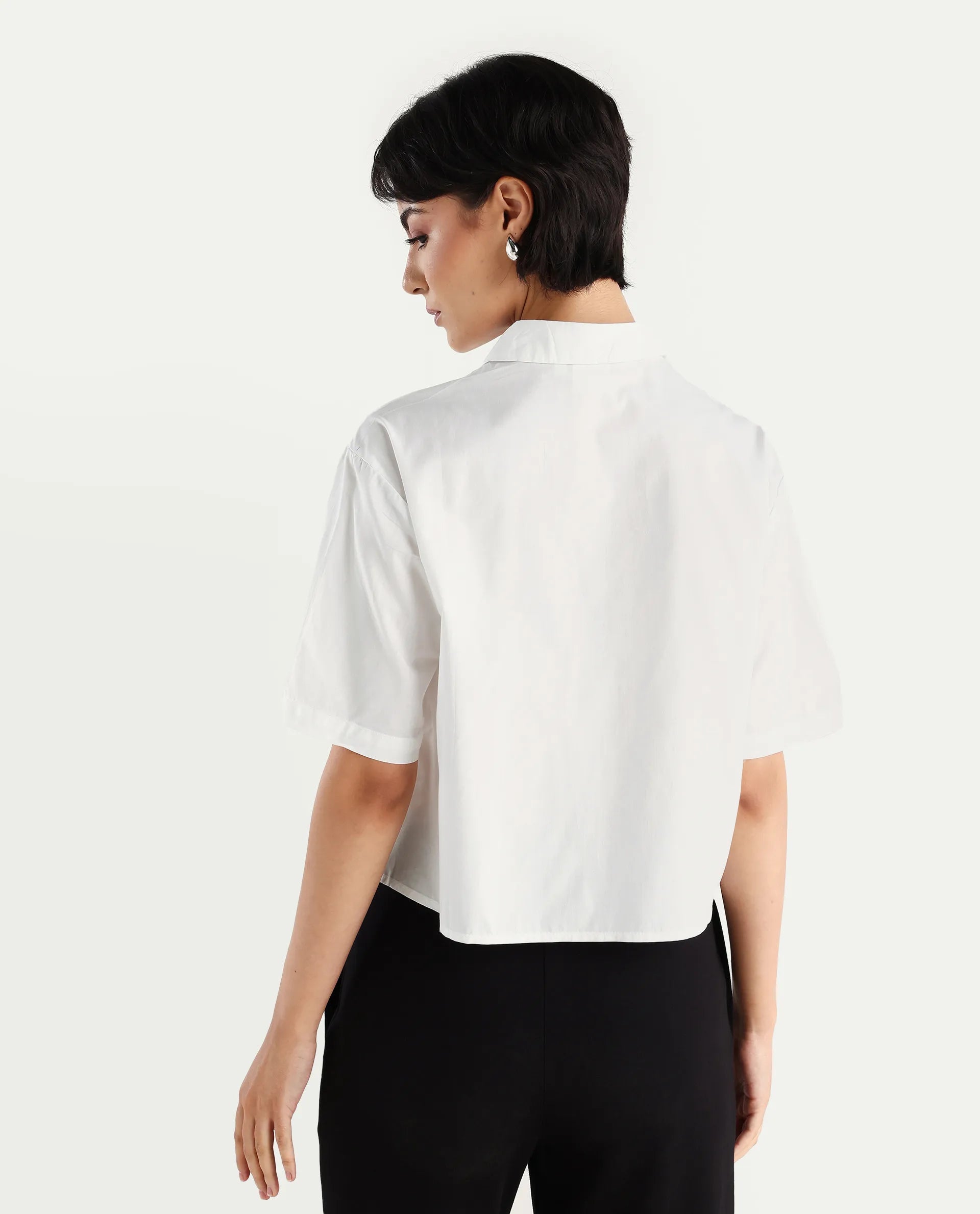 Rareism Women's Cetiop White Cotton Drop Collar Graphic Print Boxy Fit Shirt