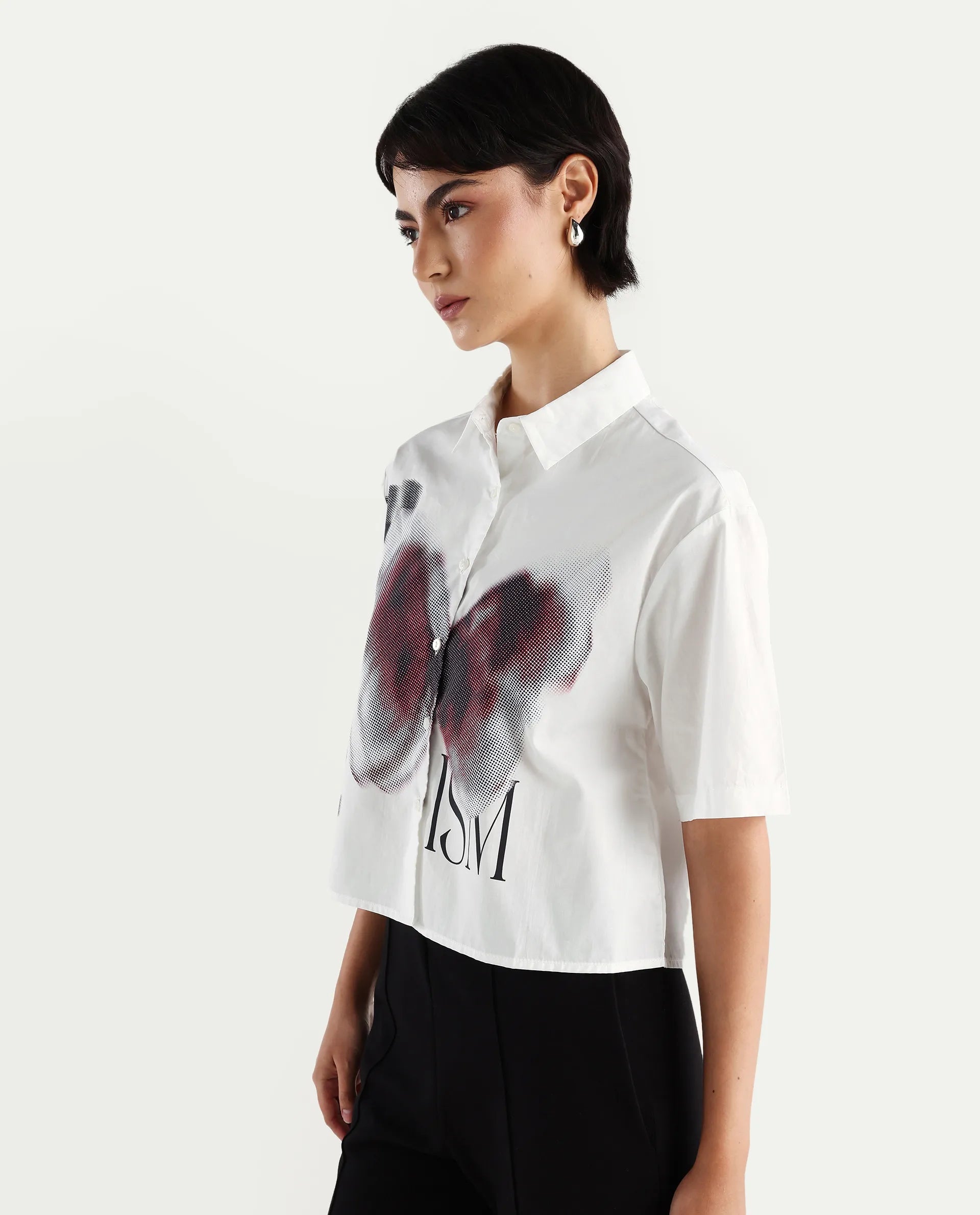 Rareism Women's Cetiop White Cotton Drop Collar Graphic Print Boxy Fit Shirt