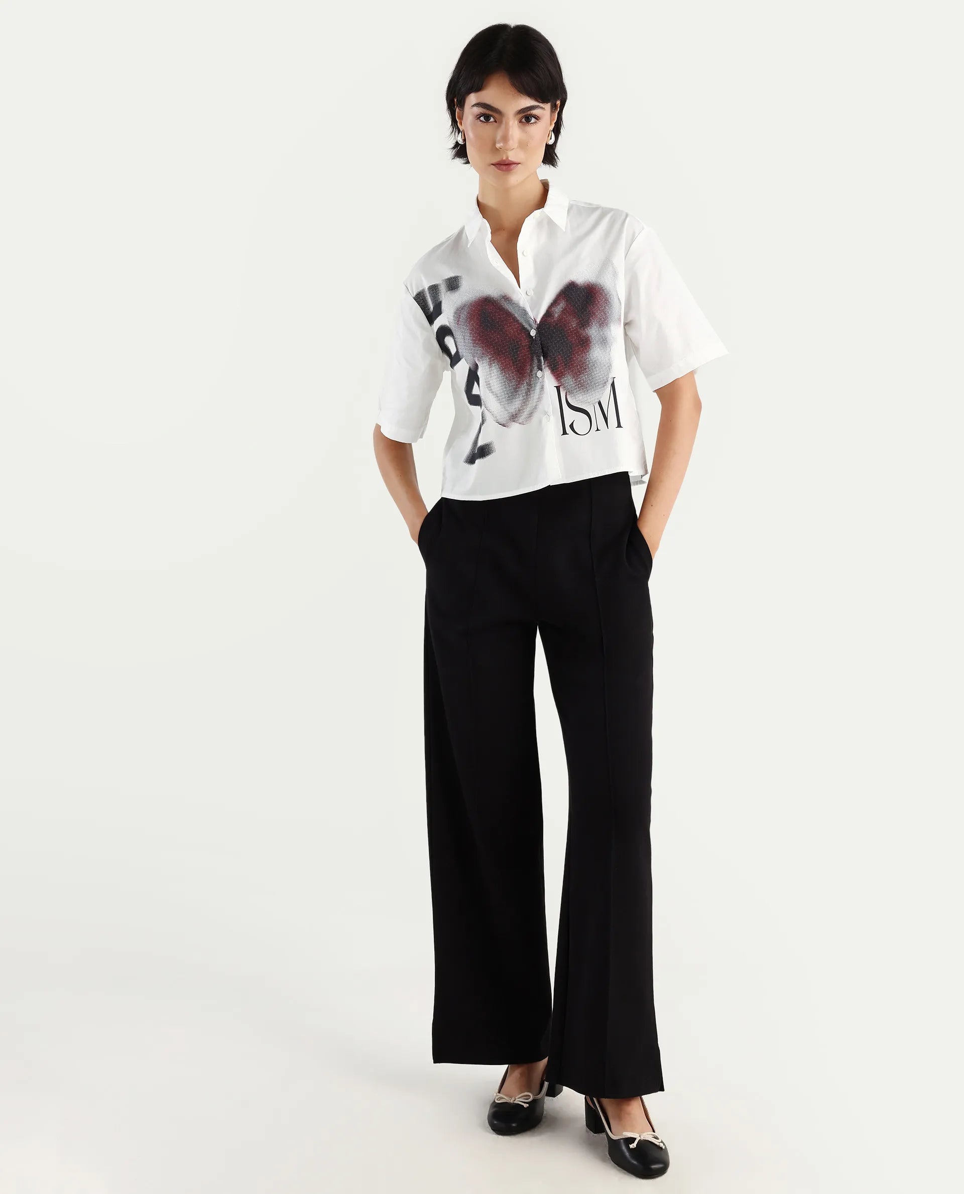 Rareism Women's Cetiop White Cotton Drop Collar Graphic Print Boxy Fit Shirt