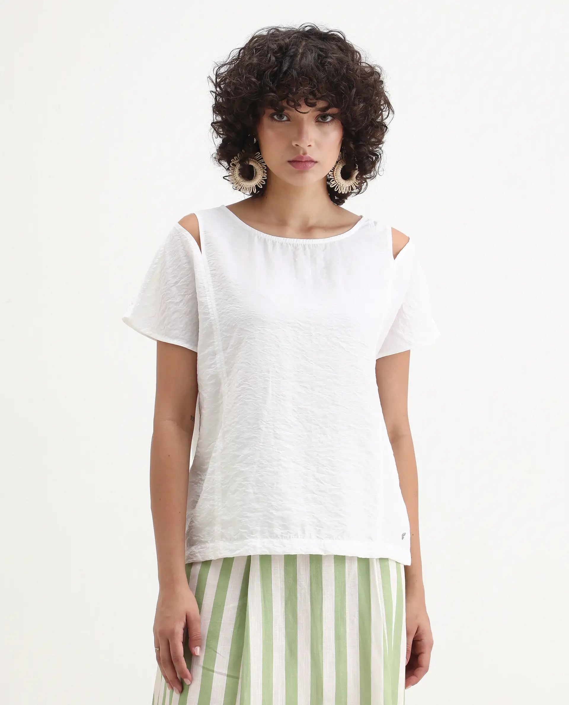 Rareism Women's Chabert White Rayon Boat Neck Plain Extended Sleeves Regular Fit Top