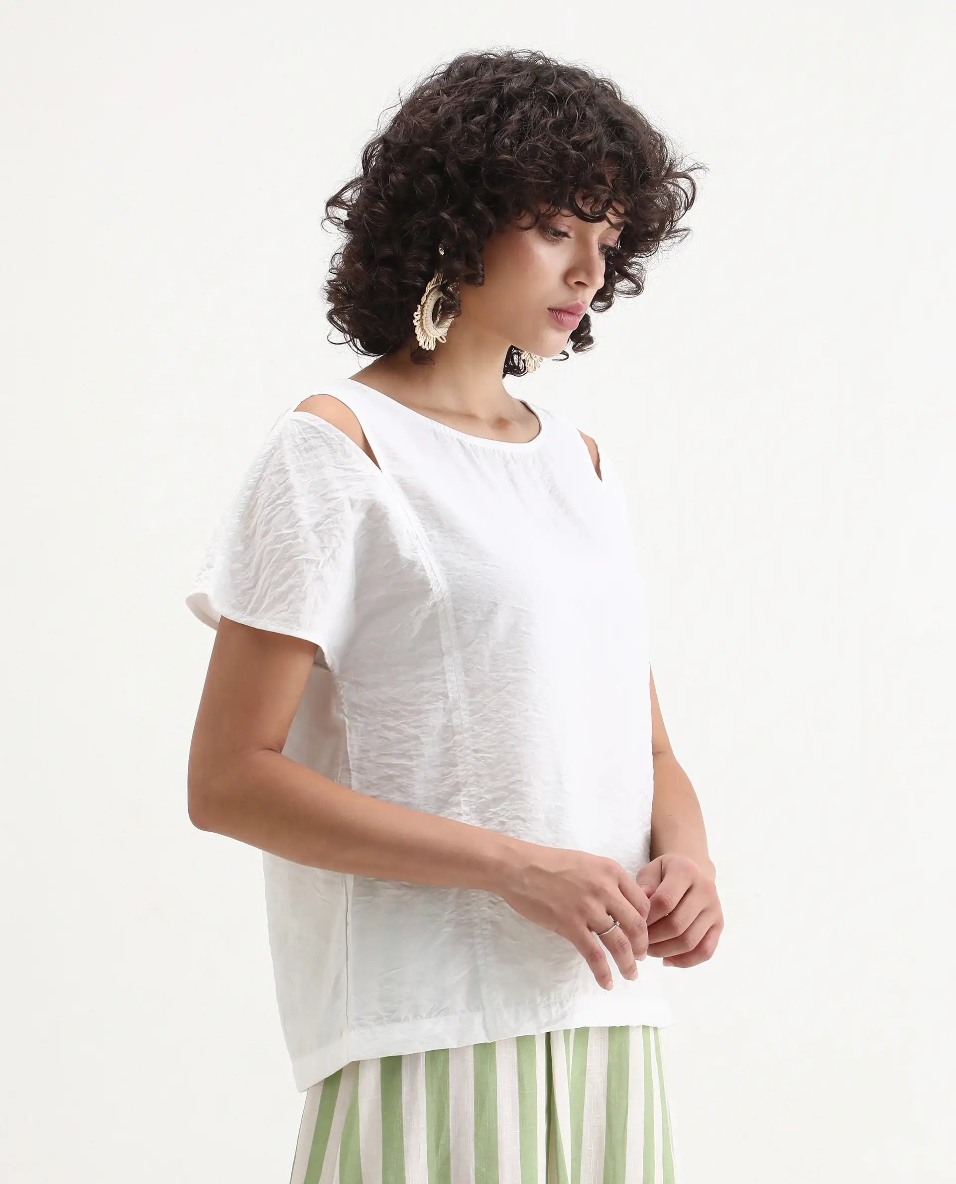 Rareism Women's Chabert White Rayon Boat Neck Plain Extended Sleeves Regular Fit Top