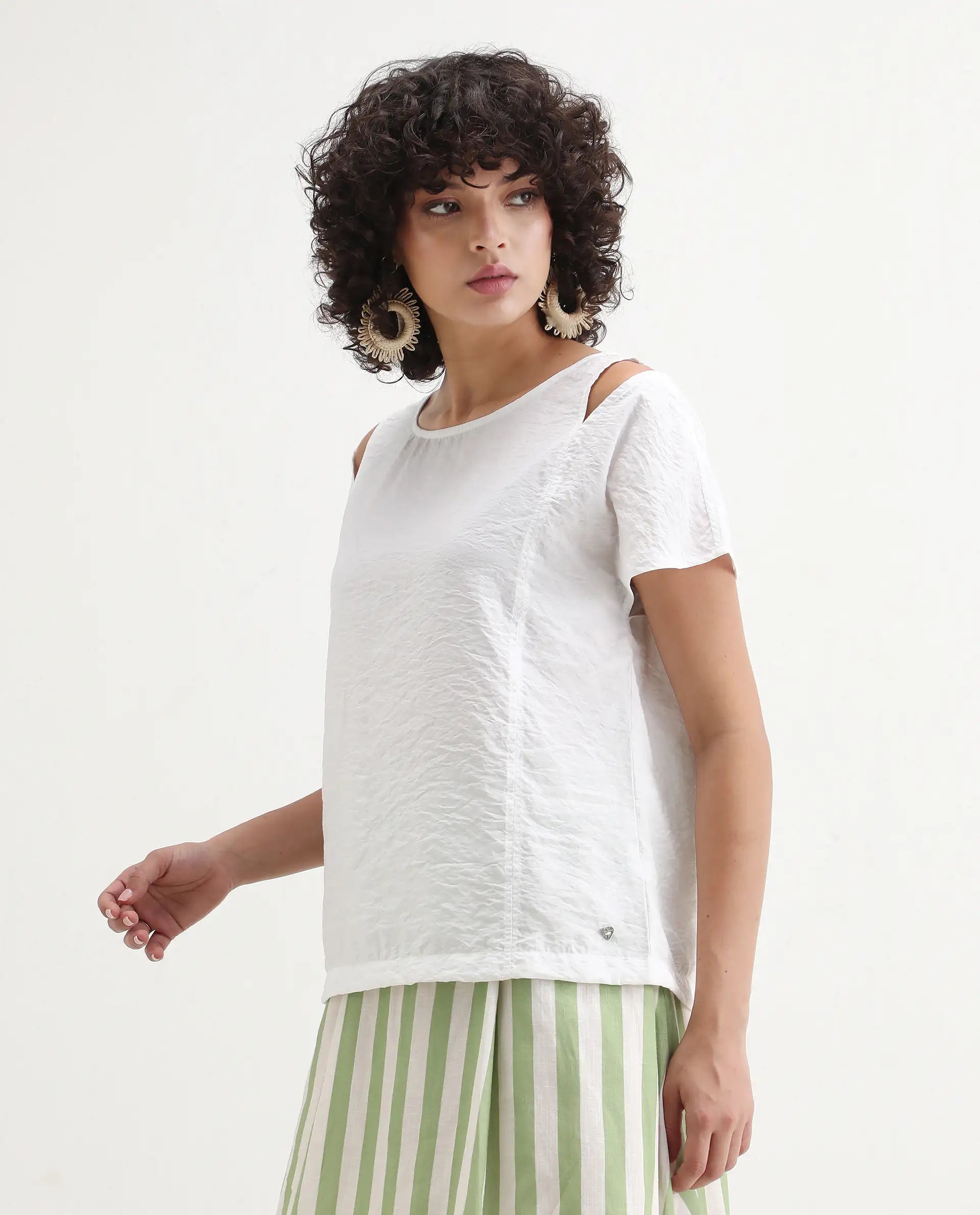 Rareism Women's Chabert White Rayon Boat Neck Plain Extended Sleeves Regular Fit Top