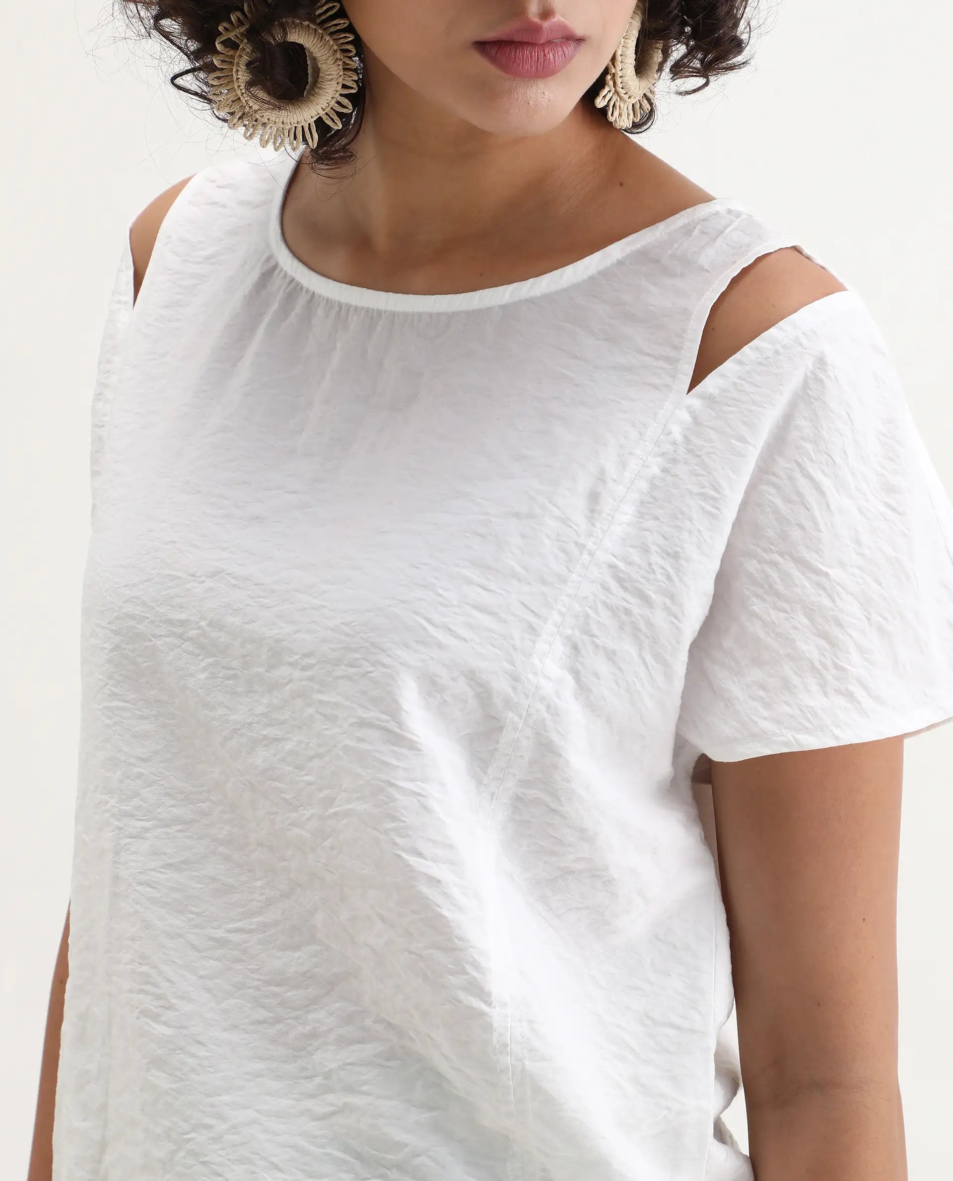 Rareism Women's Chabert White Rayon Boat Neck Plain Extended Sleeves Regular Fit Top