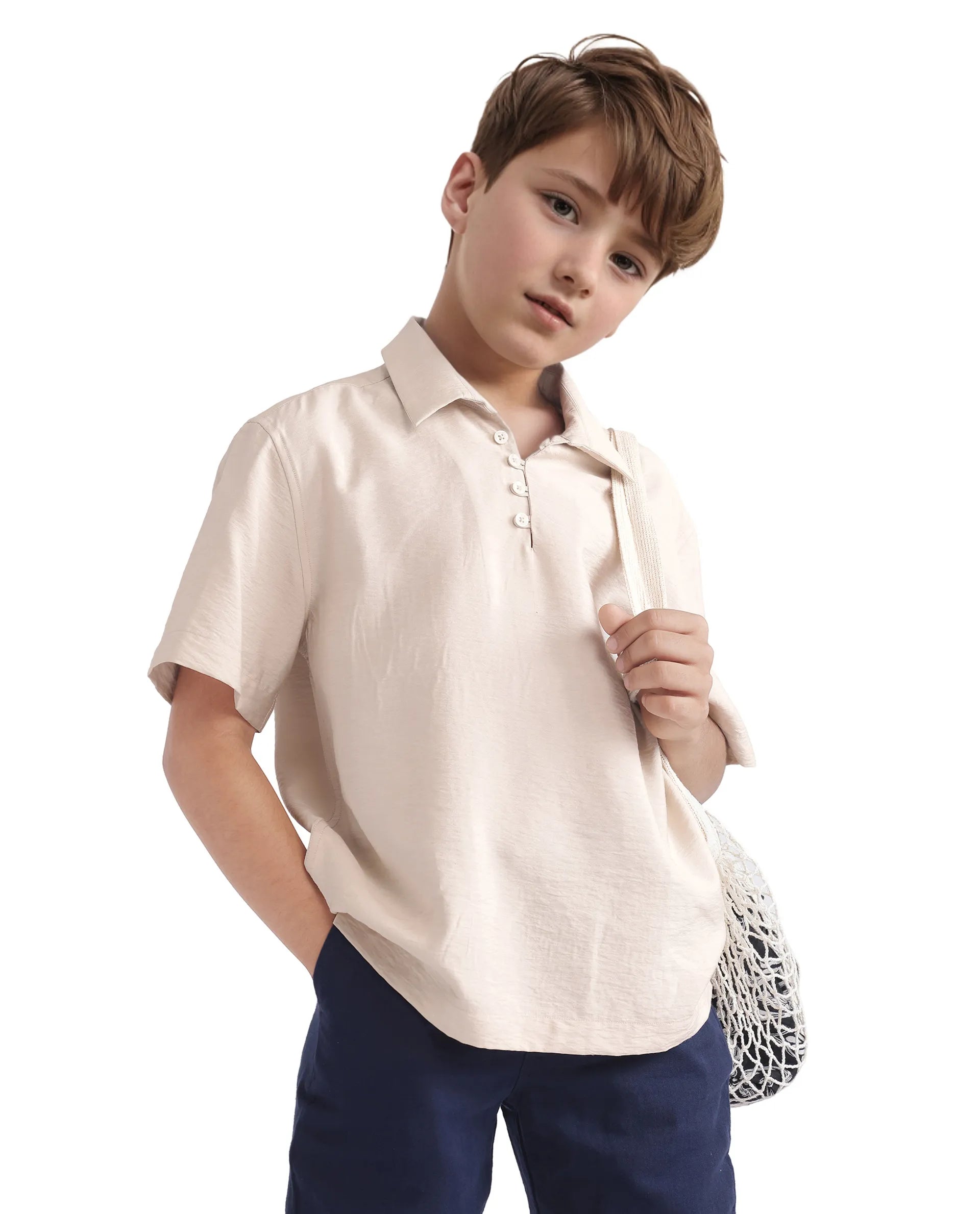 Rare Ones Kids Chad Beige Viscose Blend Half Sleeve Button Solid Regular Fit Shirt
