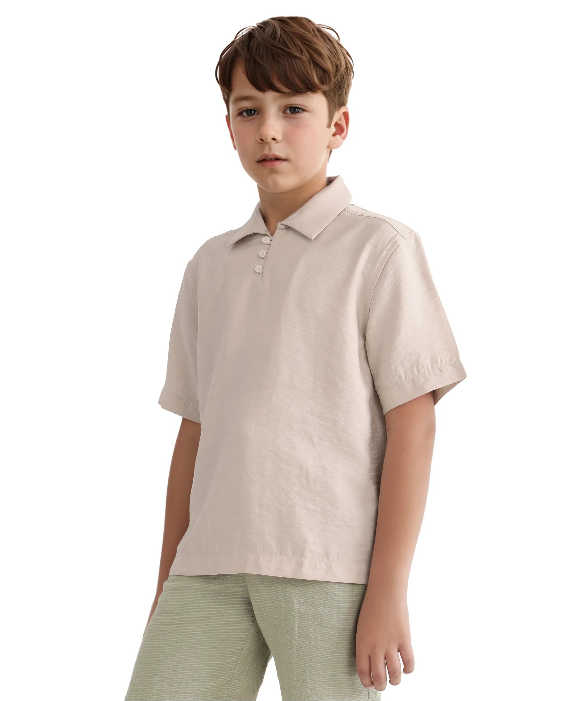 Rare Ones Kids Chad Beige Viscose Blend Half Sleeve Button Solid Regular Fit Shirt