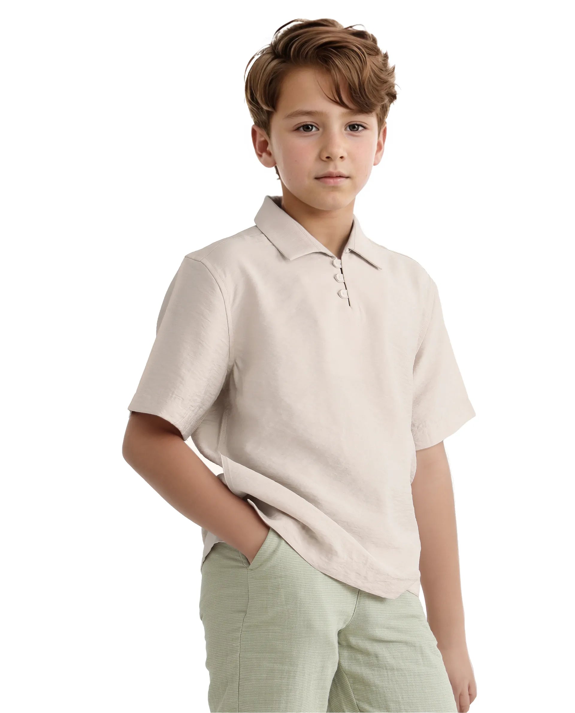 Rare Ones Kids Chad Beige Viscose Blend Half Sleeve Button Solid Regular Fit Shirt
