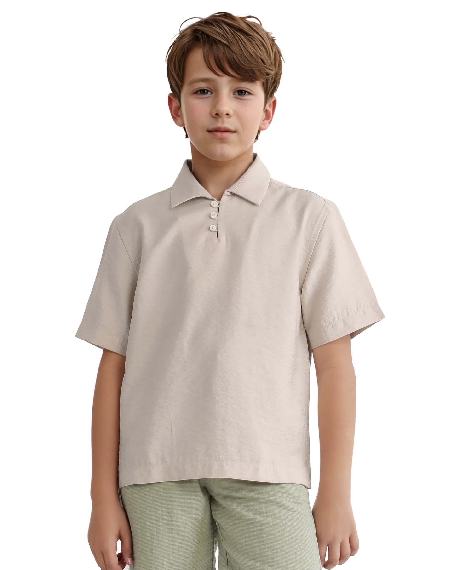 Rare Ones Kids Chad Beige Viscose Blend Half Sleeve Button Solid Regular Fit Shirt