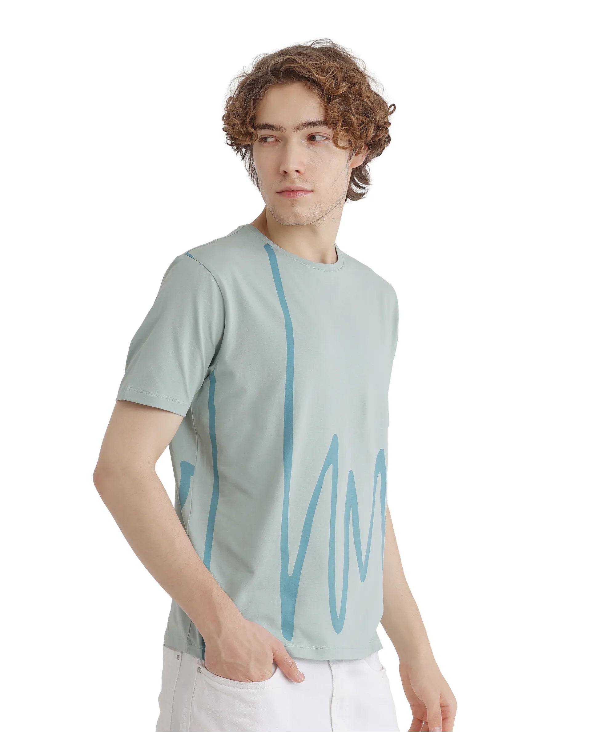 Rare Rabbit Men Chael Dusky Green Short Sleeve Crew Neck Graphic Print T-Shirt