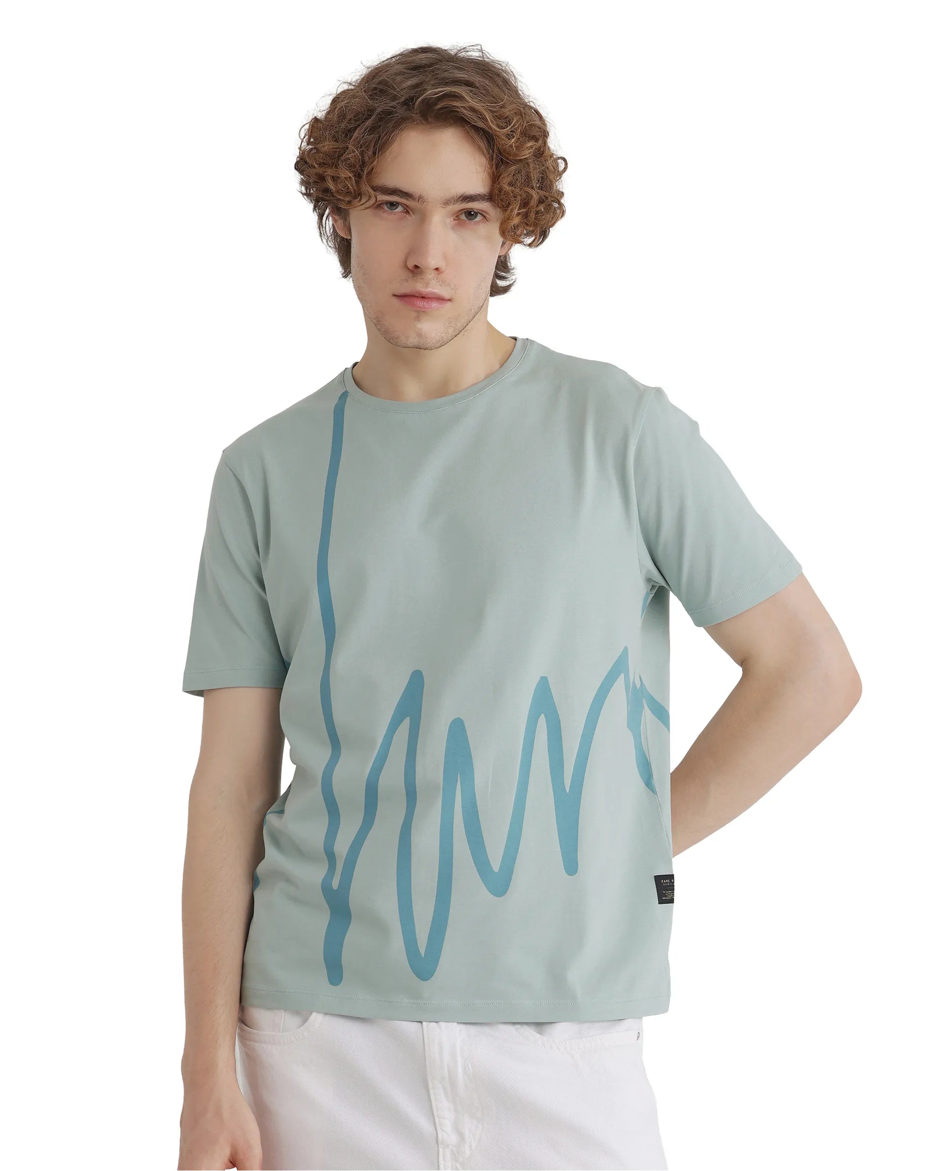 Rare Rabbit Men Chael Dusky Green Short Sleeve Crew Neck Graphic Print T-Shirt