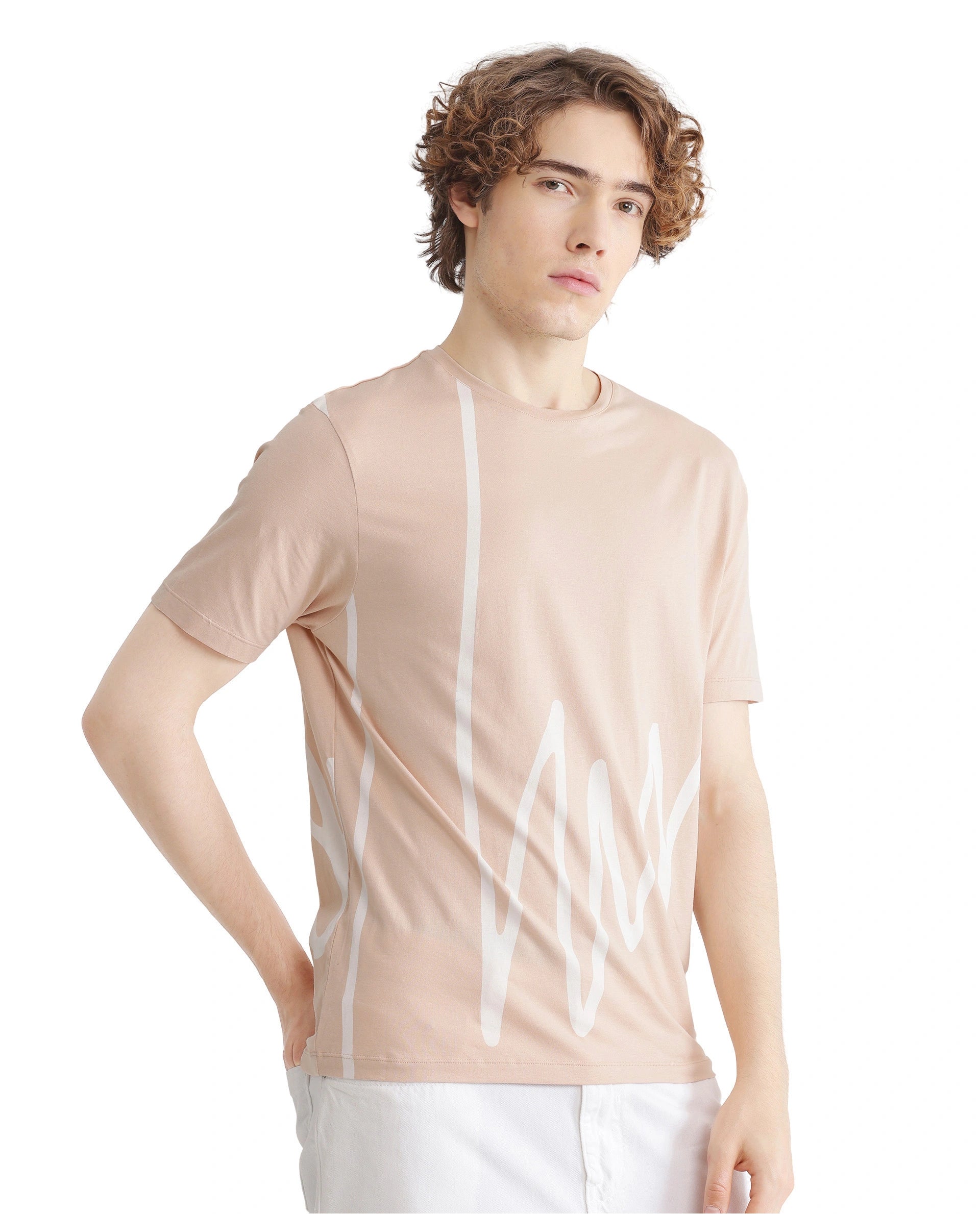 Rare Rabbit Men Chael Peach Short Sleeve Crew Neck Graphic Print T-Shirt