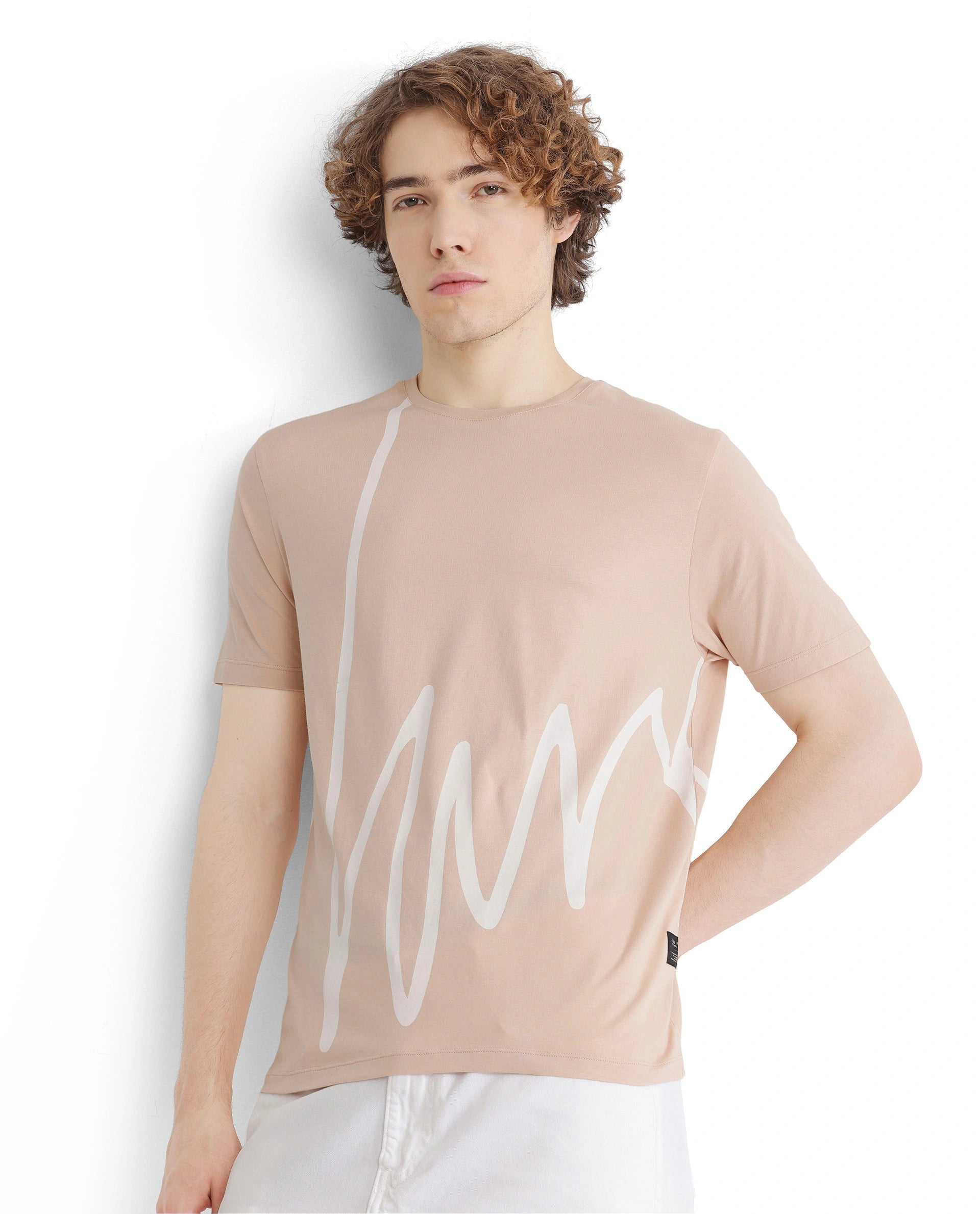 Rare Rabbit Men Chael Peach Short Sleeve Crew Neck Graphic Print T-Shirt