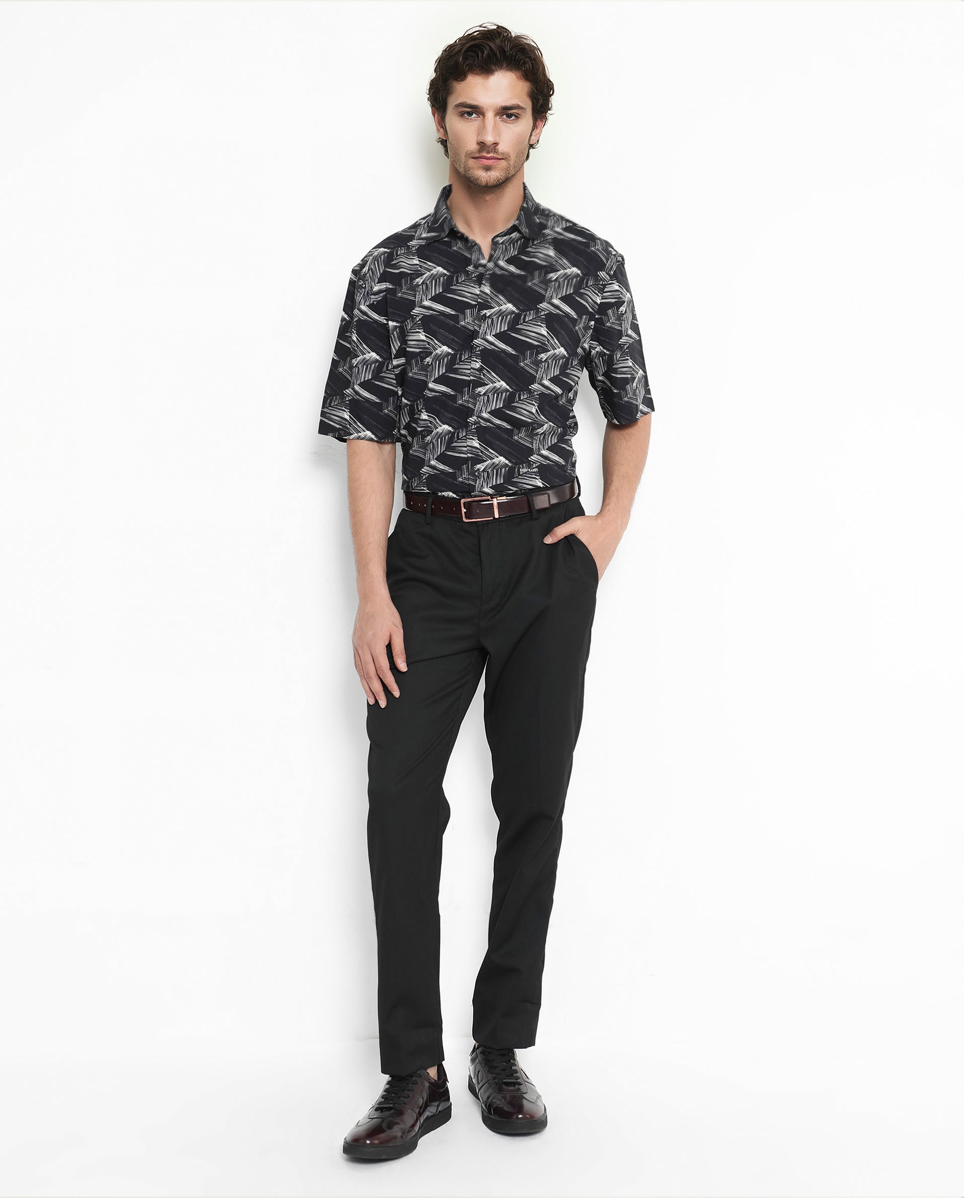 Rare Rabbit Men's Chain Black Viscose Fabric Short Sleeve Boxy Fit Abstract Print Shirt