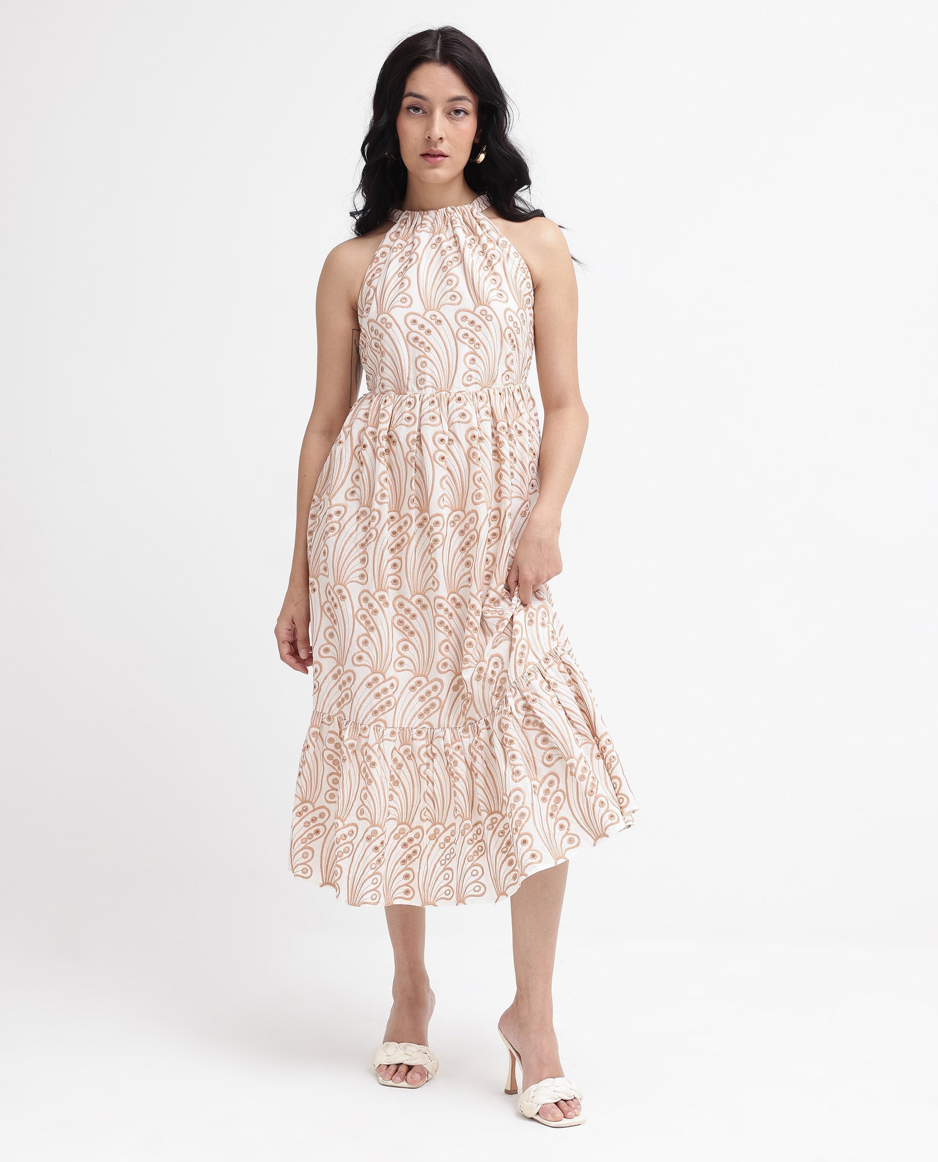 Rareism Women Chalco-SC Beige Sleeveless Halter Neck Fit And Flare Plain Maxi Dress