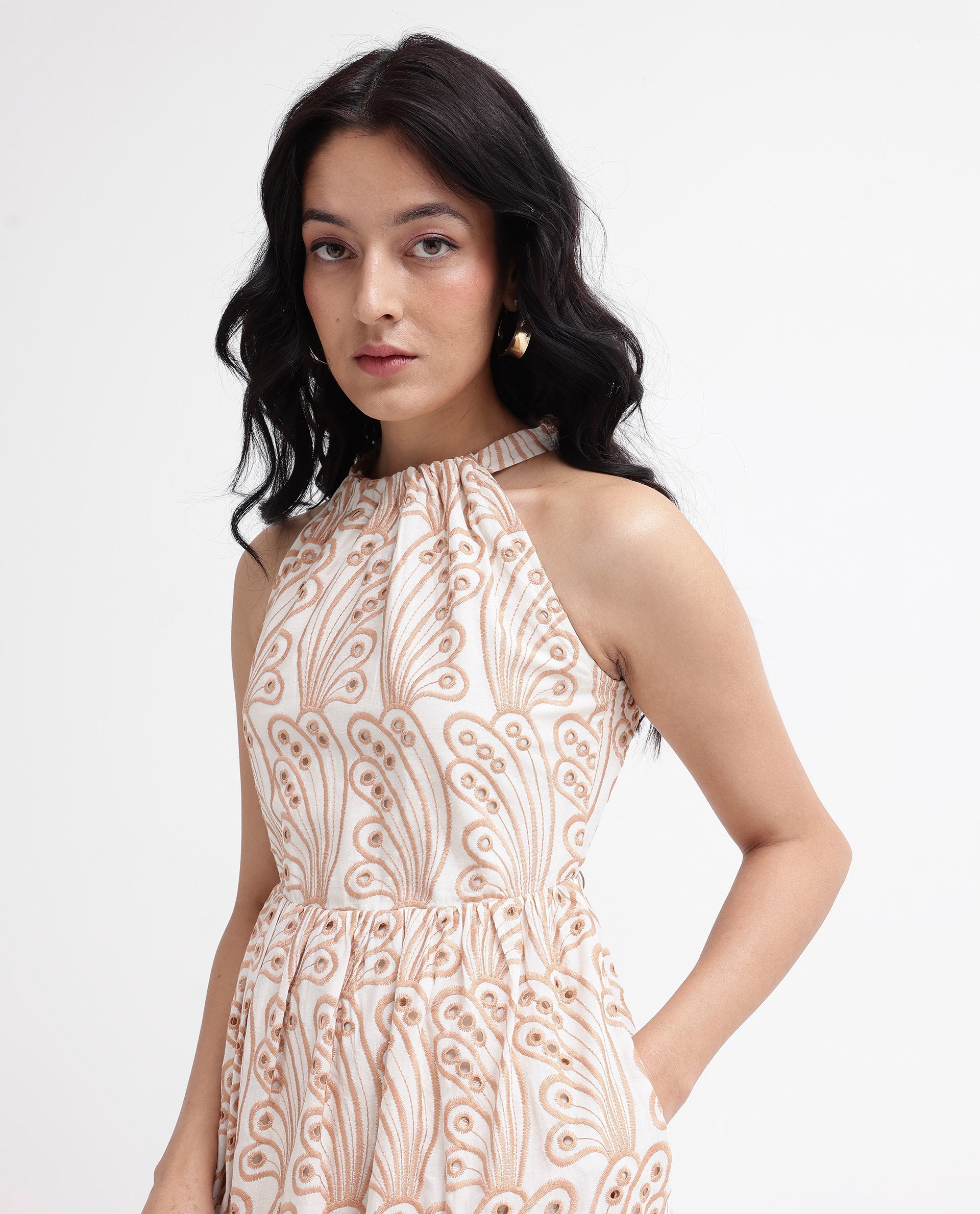 Rareism Women Chalco-SC Beige Sleeveless Halter Neck Fit And Flare Plain Maxi Dress