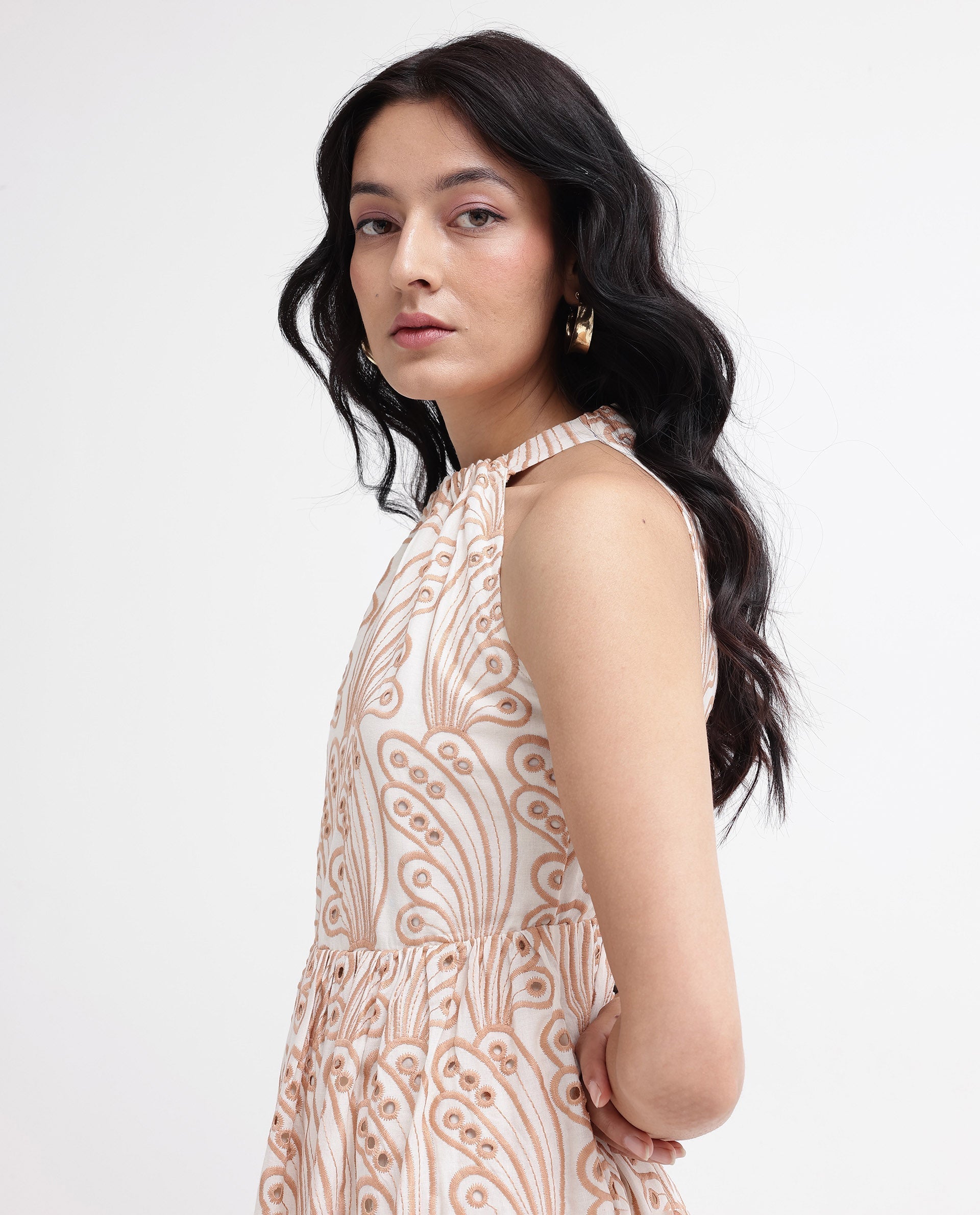 Rareism Women Chalco-SC Beige Sleeveless Halter Neck Fit And Flare Plain Maxi Dress