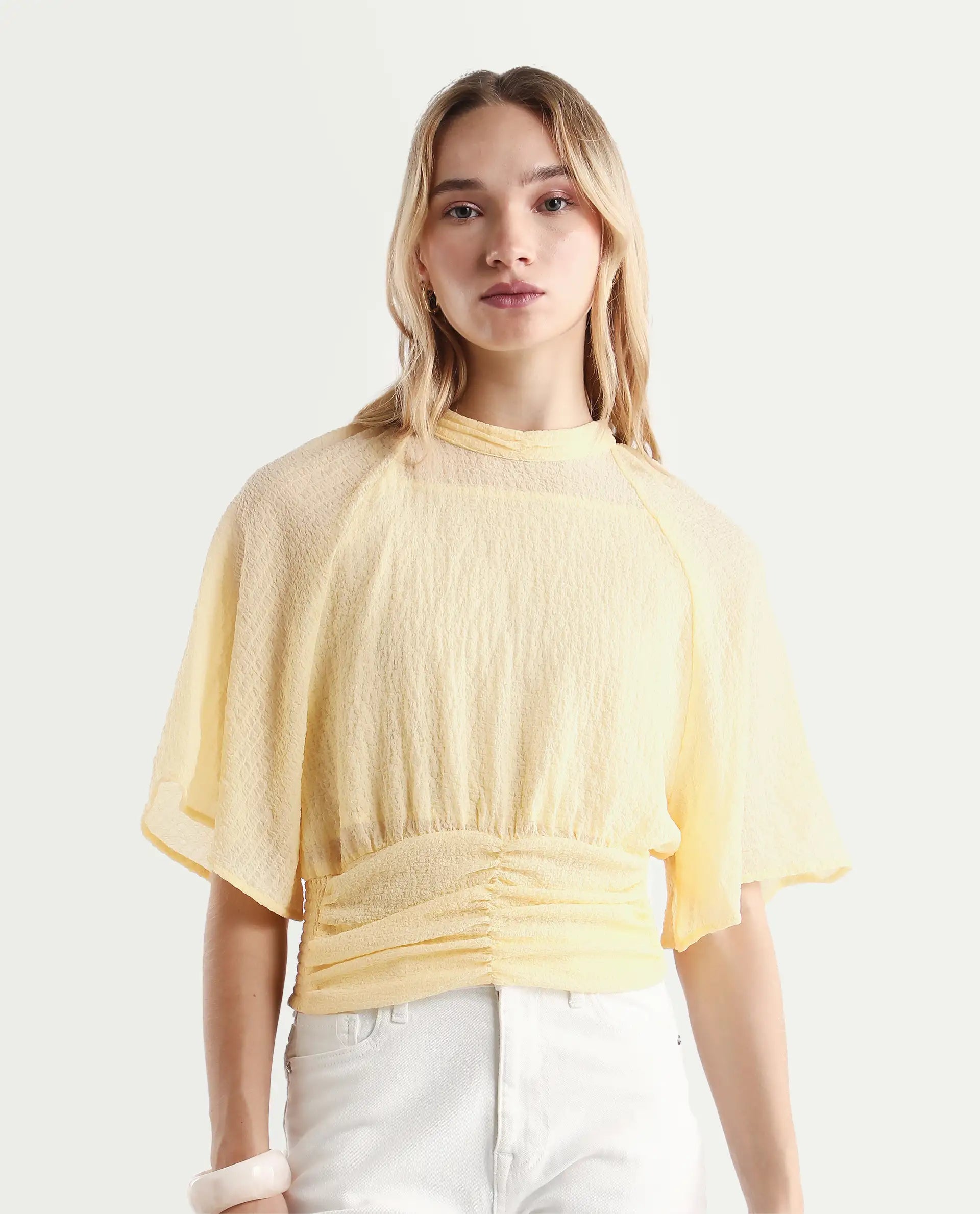 Rareism Women's Chalsey Yellow Polyester Crew Neck Plain Raglan Sleeve Crop Regular Fit Top