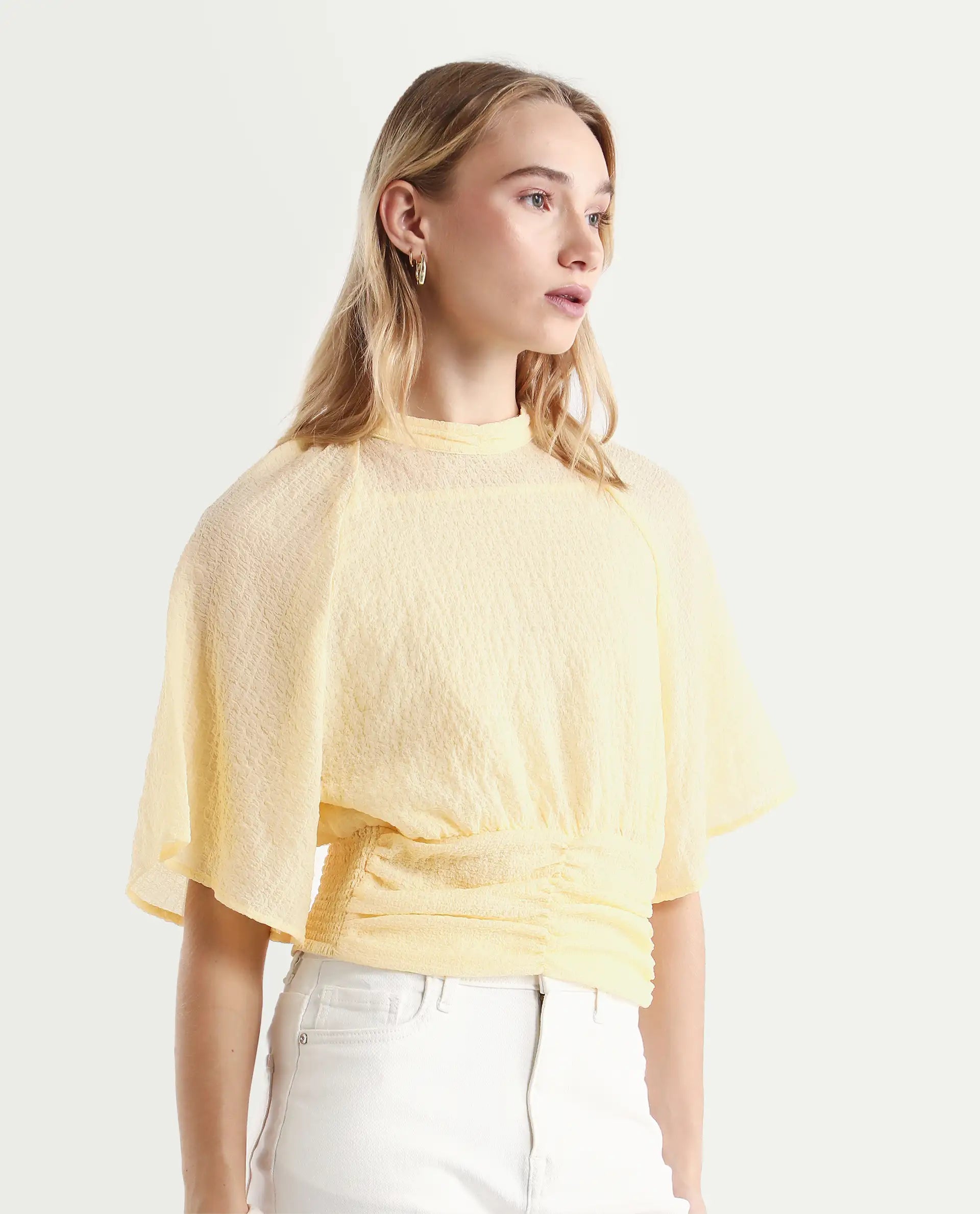 Rareism Women's Chalsey Yellow Polyester Crew Neck Plain Raglan Sleeve Crop Regular Fit Top