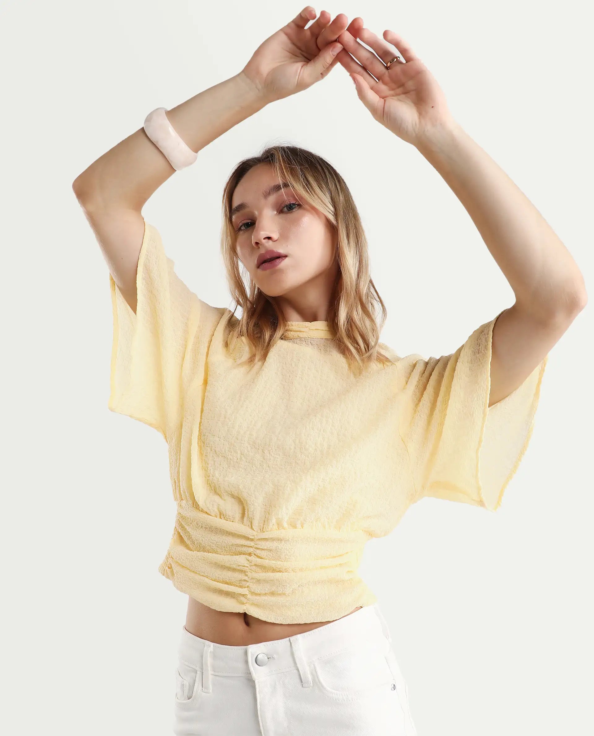 Rareism Women's Chalsey Yellow Polyester Crew Neck Plain Raglan Sleeve Crop Regular Fit Top