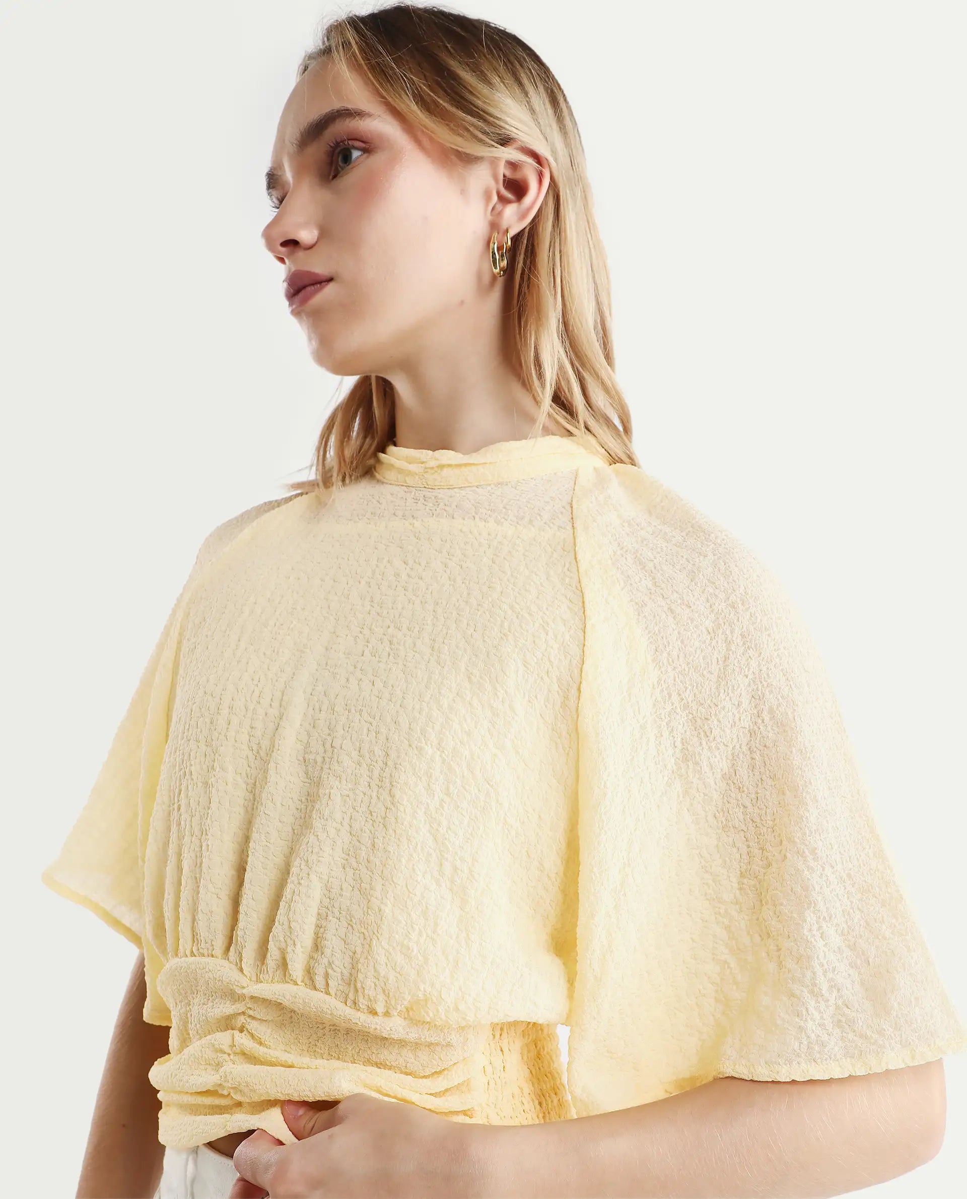 Rareism Women's Chalsey Yellow Polyester Crew Neck Plain Raglan Sleeve Crop Regular Fit Top