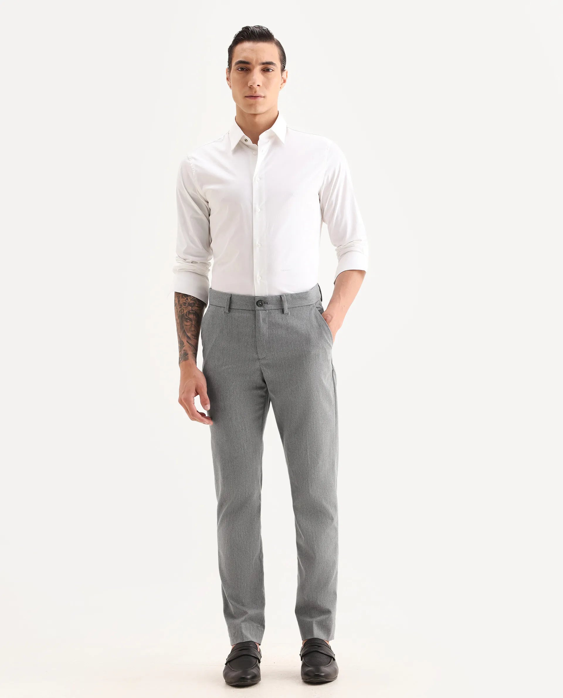 Rare Rabbit Men's Chamer Grey Polyester Plain Regular Fit Trouser