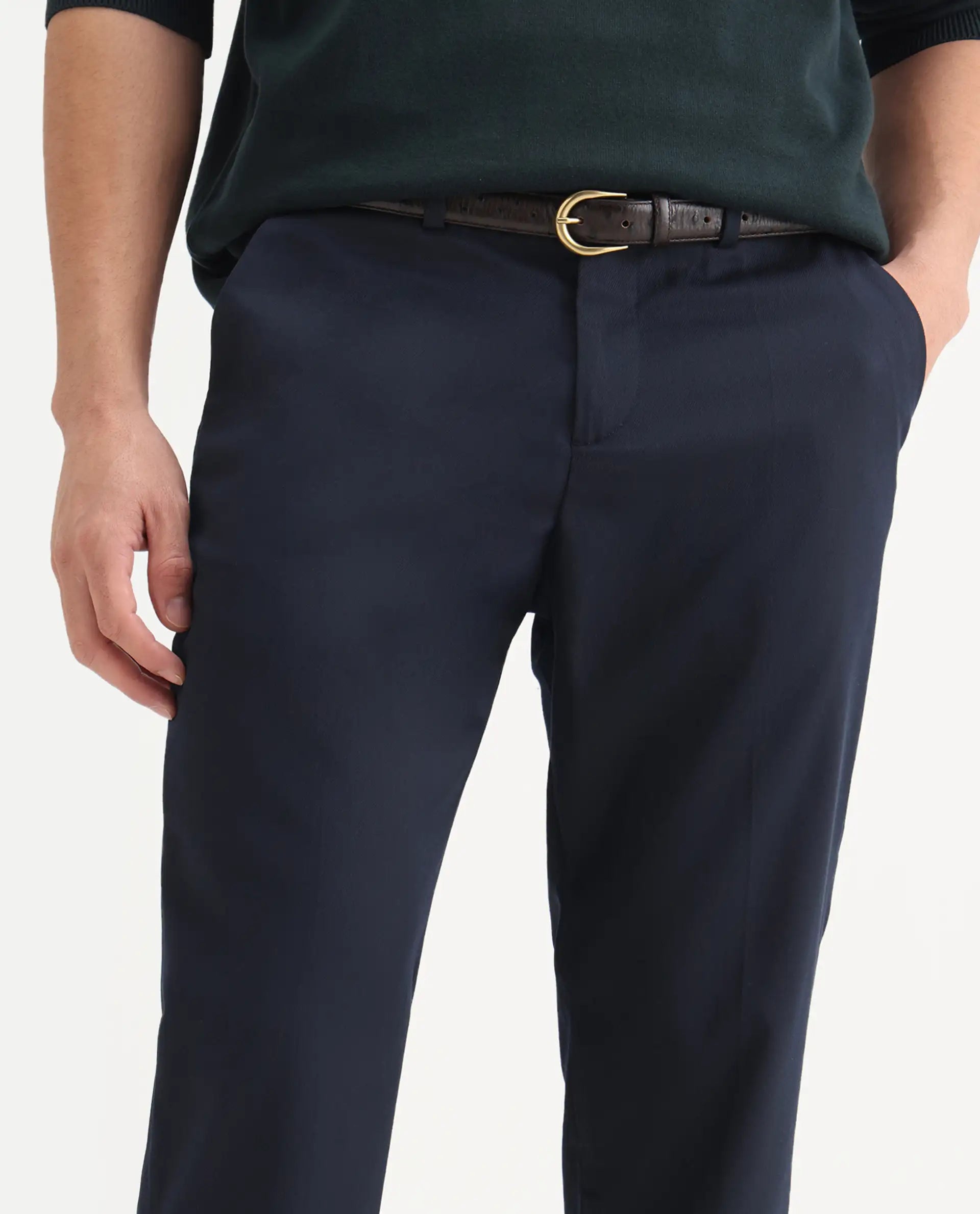 Rare Rabbit Men's Chamer Navy Polyester Plain Regular Fit Trouser