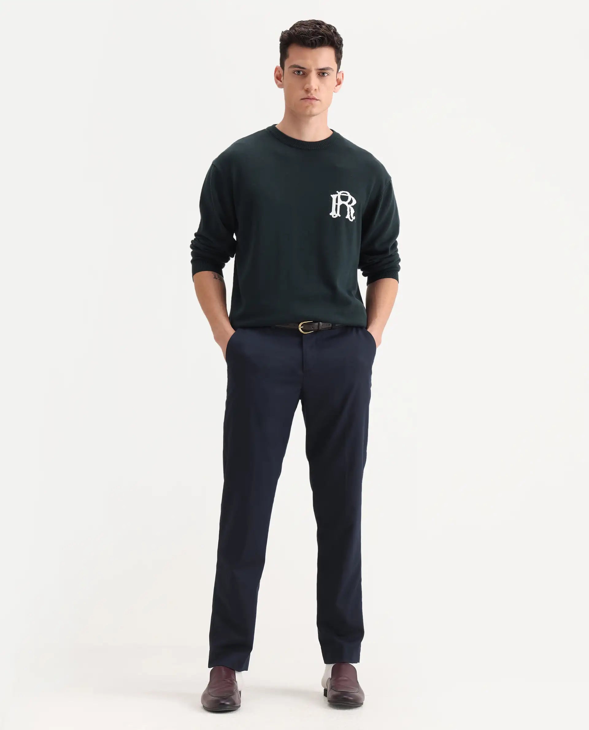 Rare Rabbit Men's Chamer Navy Polyester Plain Regular Fit Trouser