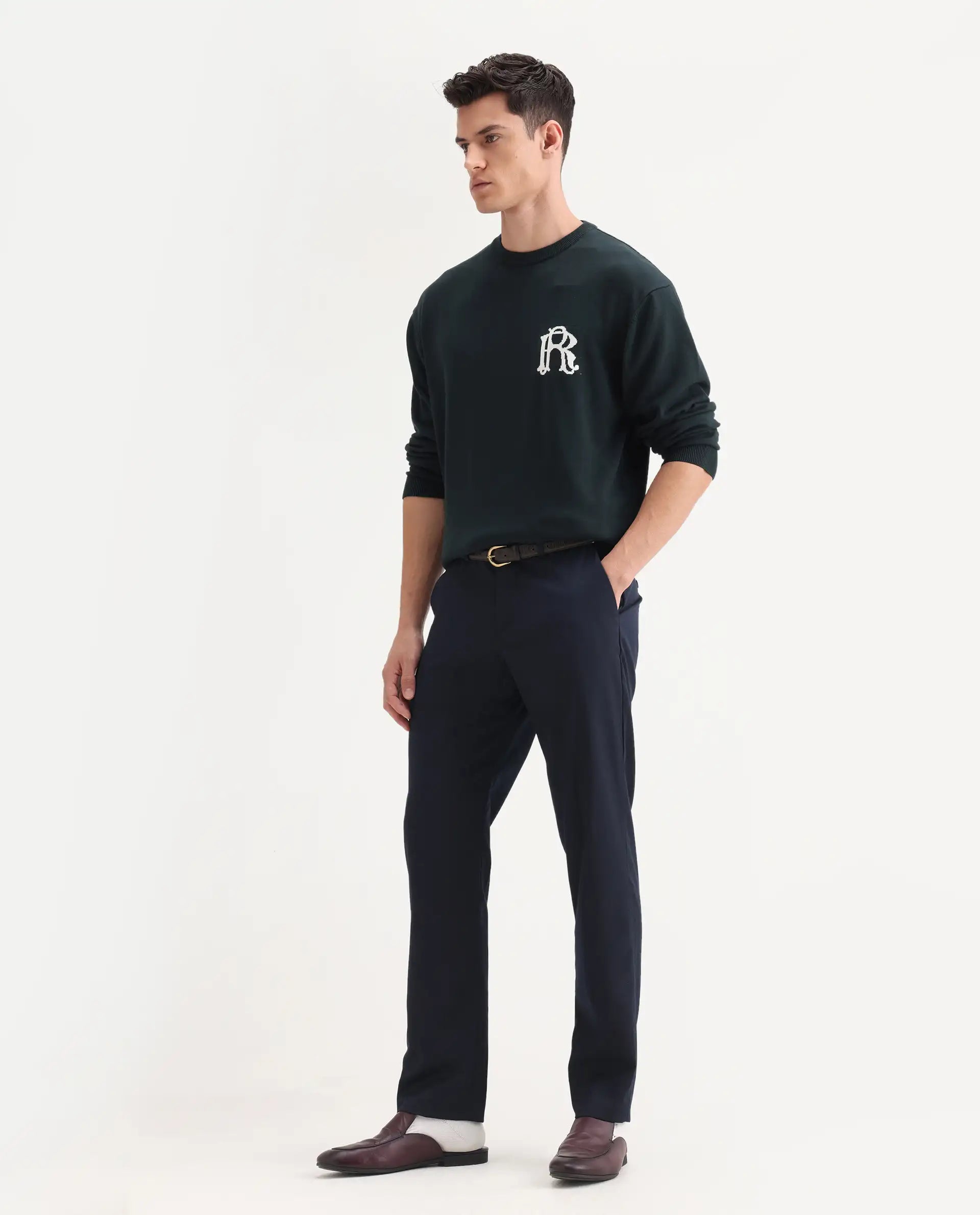 Rare Rabbit Men's Chamer Navy Polyester Plain Regular Fit Trouser